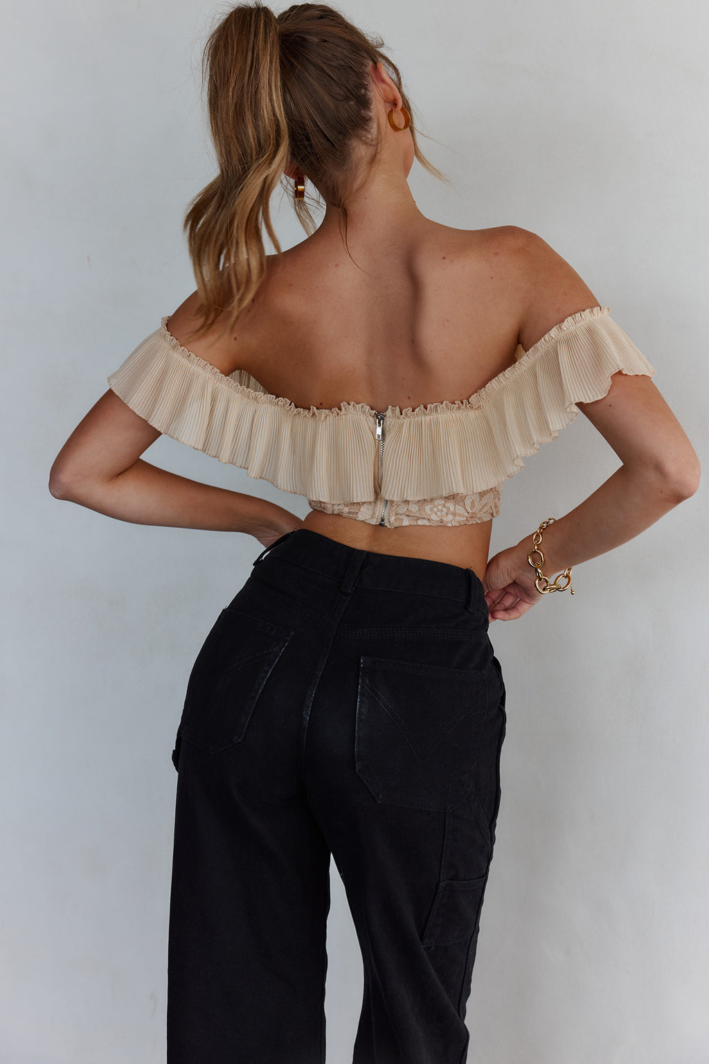 Dreamy On Or Off-Shoulder Frill Crop Top Nude by Selfie Leslie