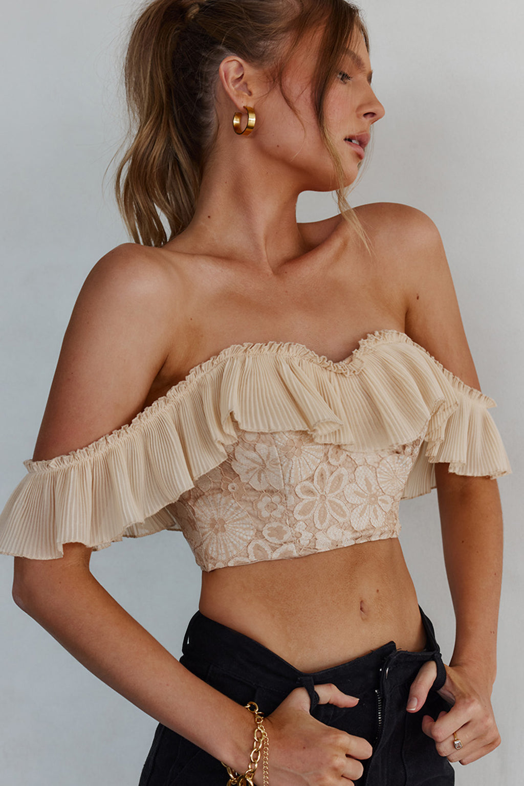 Dreamy On Or Off-Shoulder Frill Crop Top Nude by Selfie Leslie