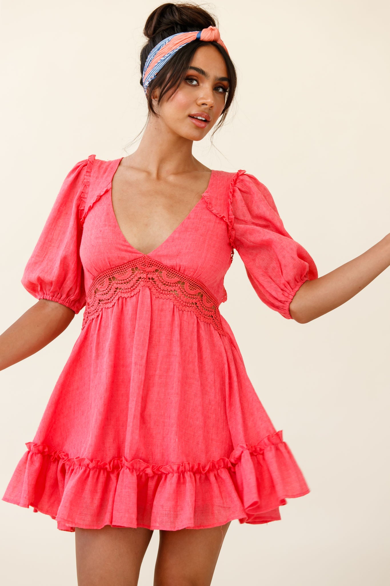 Everleigh Milkmaid Sleeve Exposed Back Dress Coral by Selfie Leslie