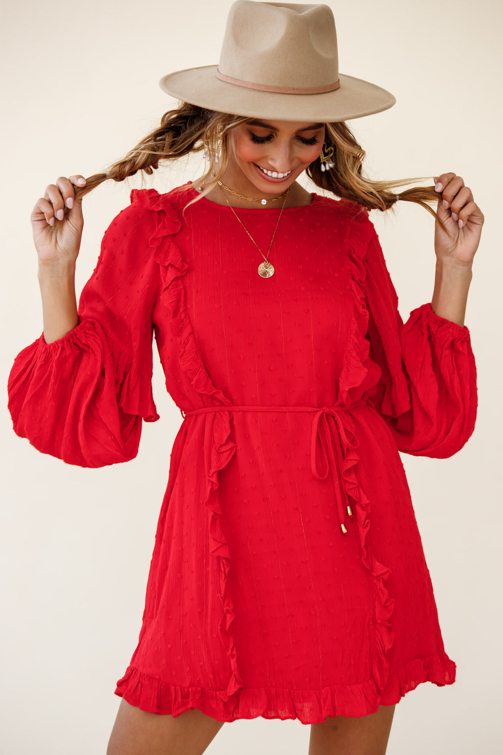 Maiden Long Sleeve Frill Dress Red by Selfie Leslie