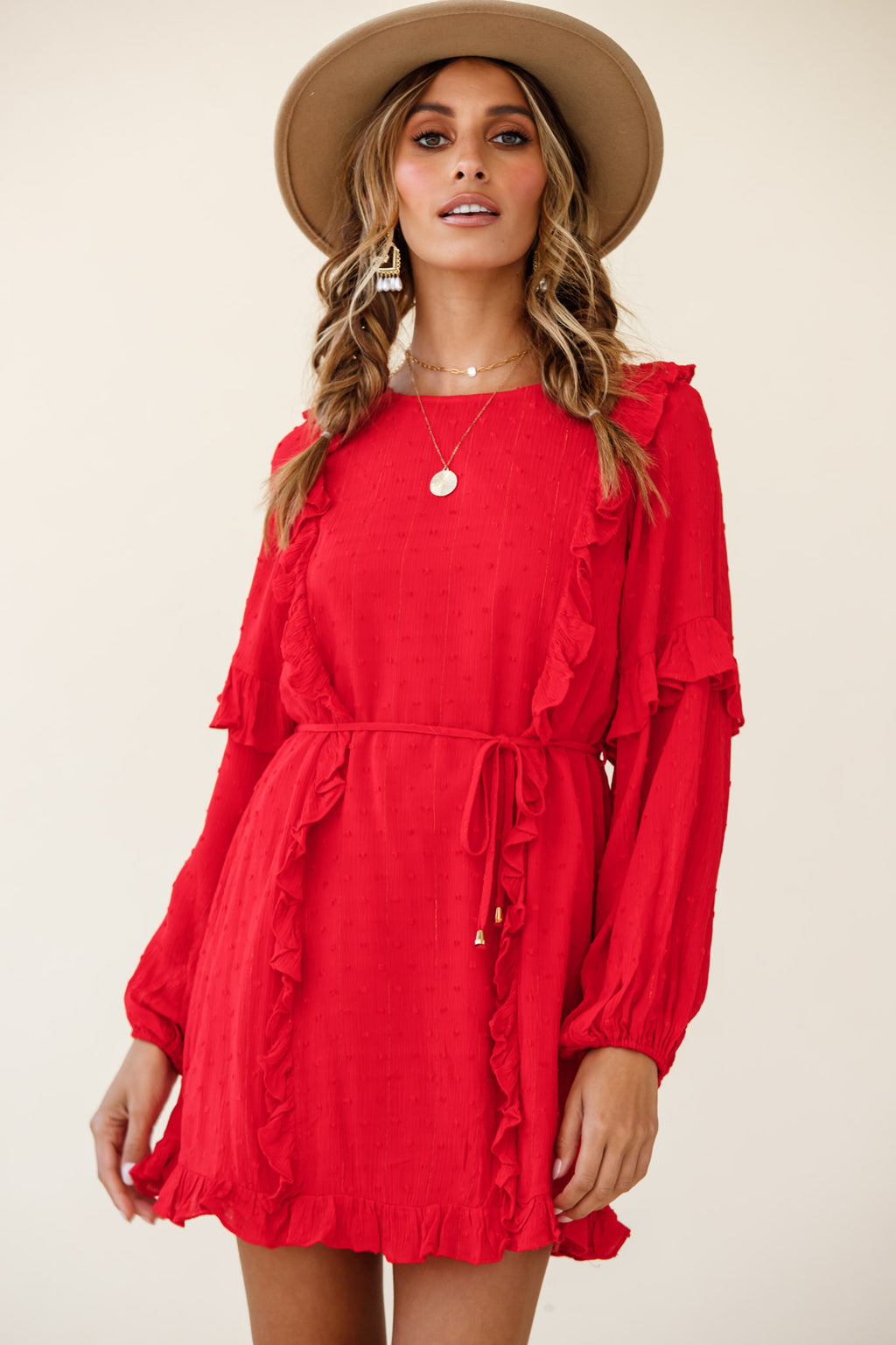 Maiden Long Sleeve Frill Dress Red by Selfie Leslie