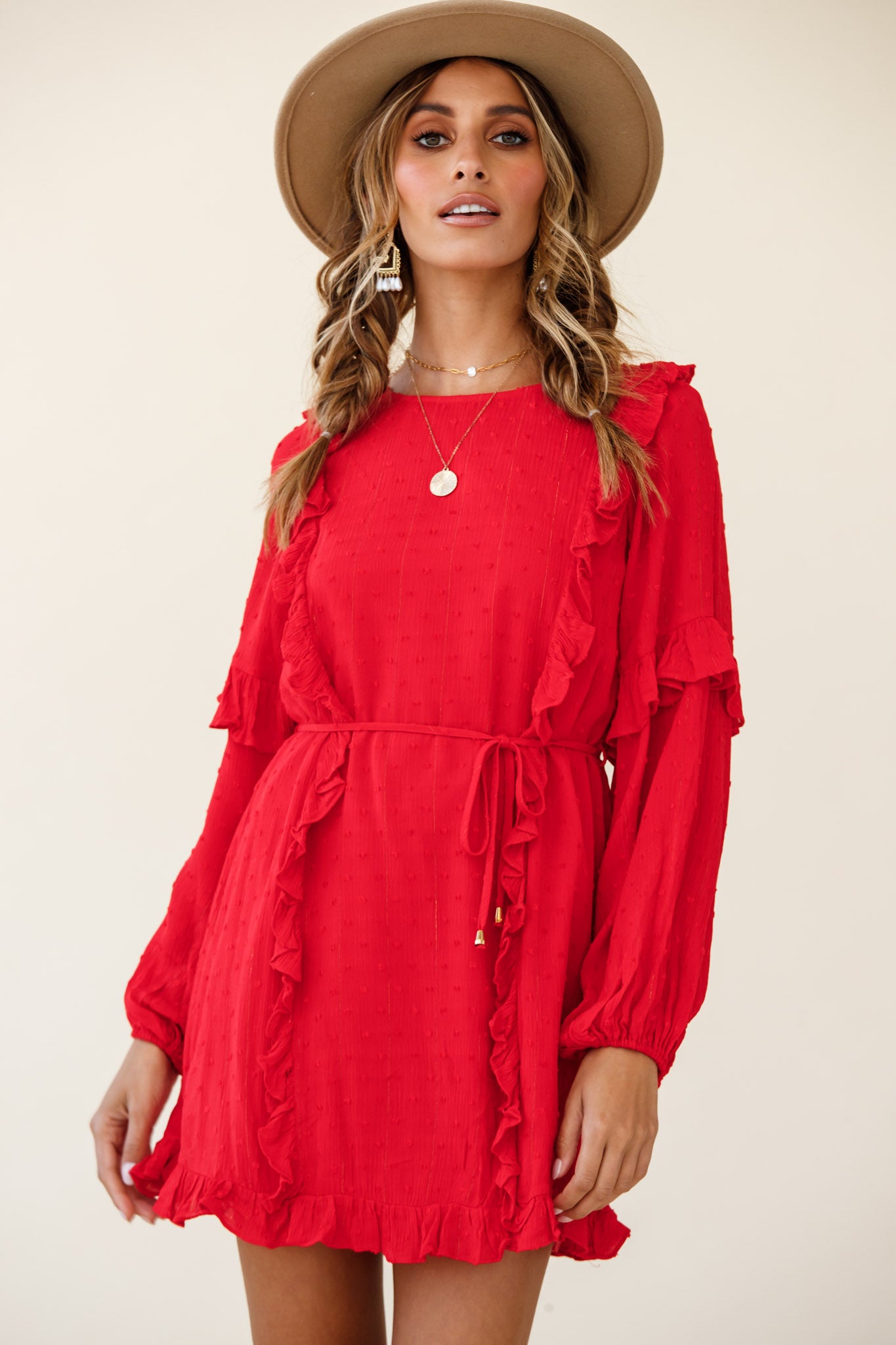 Maiden Long Sleeve Frill Dress Red by Selfie Leslie