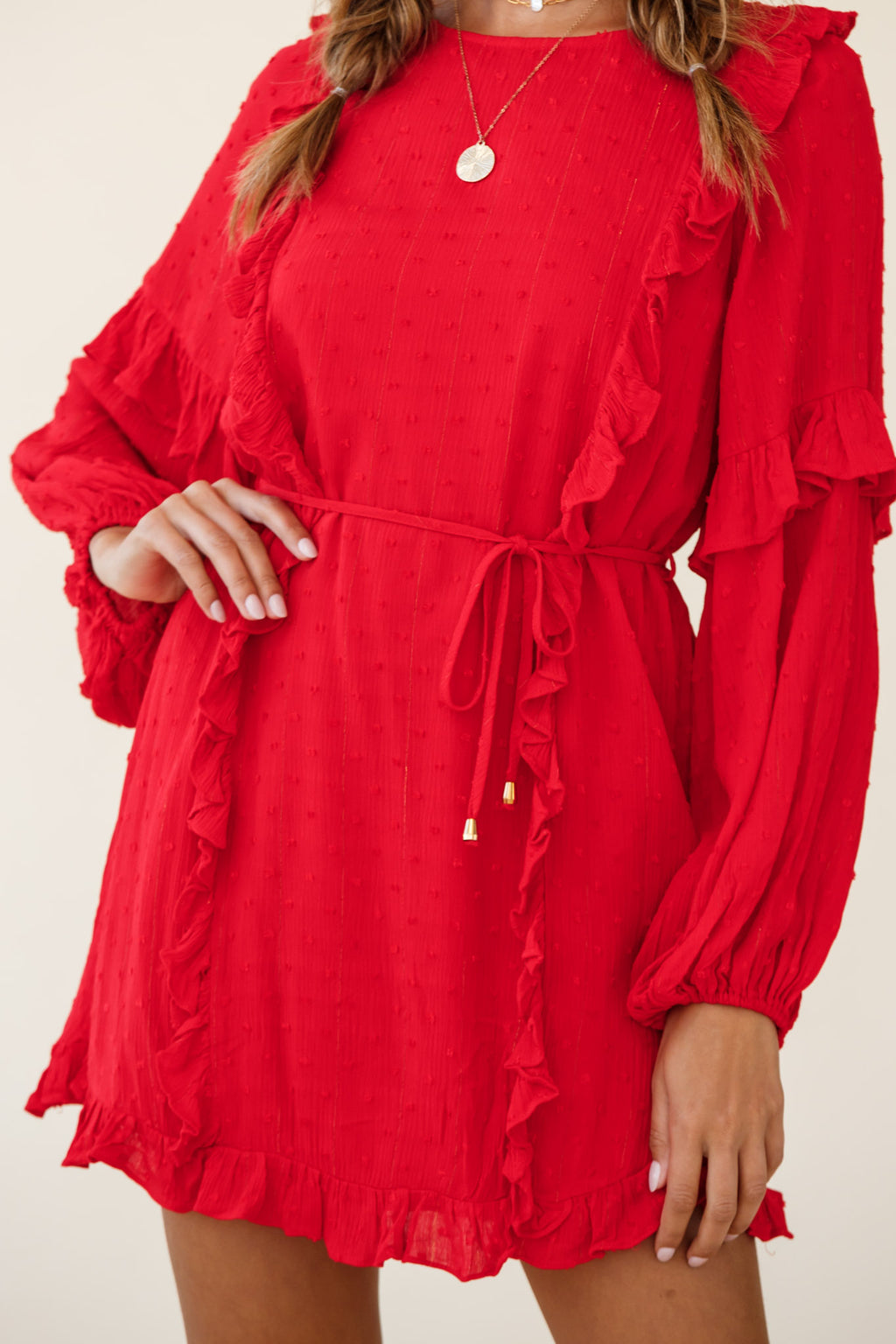 Maiden Long Sleeve Frill Dress Red by Selfie Leslie