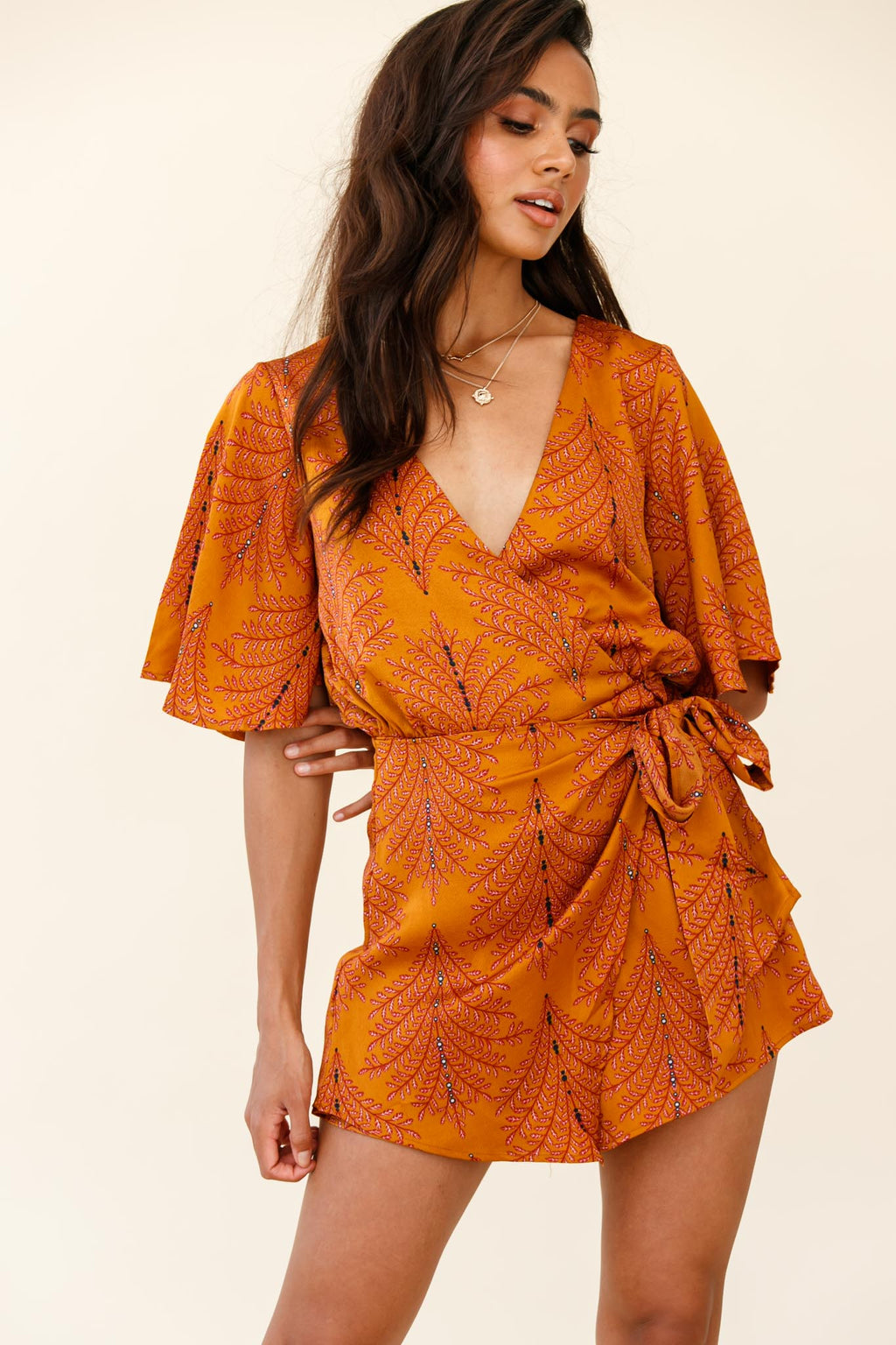 Nadi V-Neckline Wrap Romper Leaf Print Mustard by Selfie Leslie