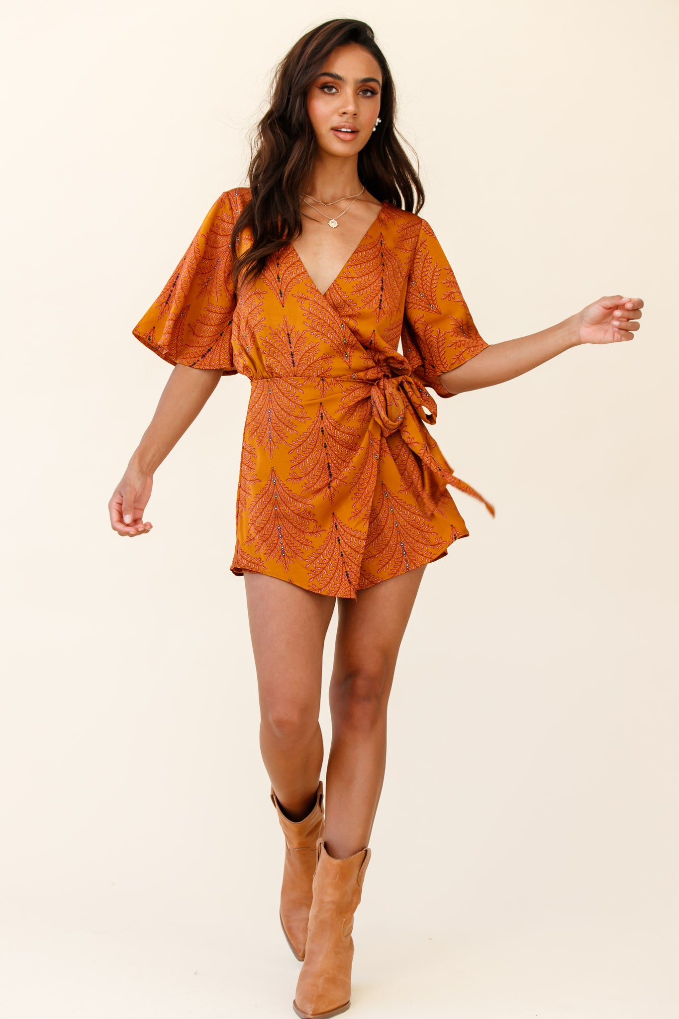 Nadi V-Neckline Wrap Romper Leaf Print Mustard by Selfie Leslie