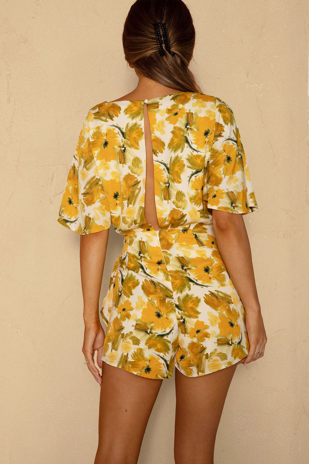 Nadi V-Neckline Wrap Romper Flower Paint Print Yellow by Selfie Leslie