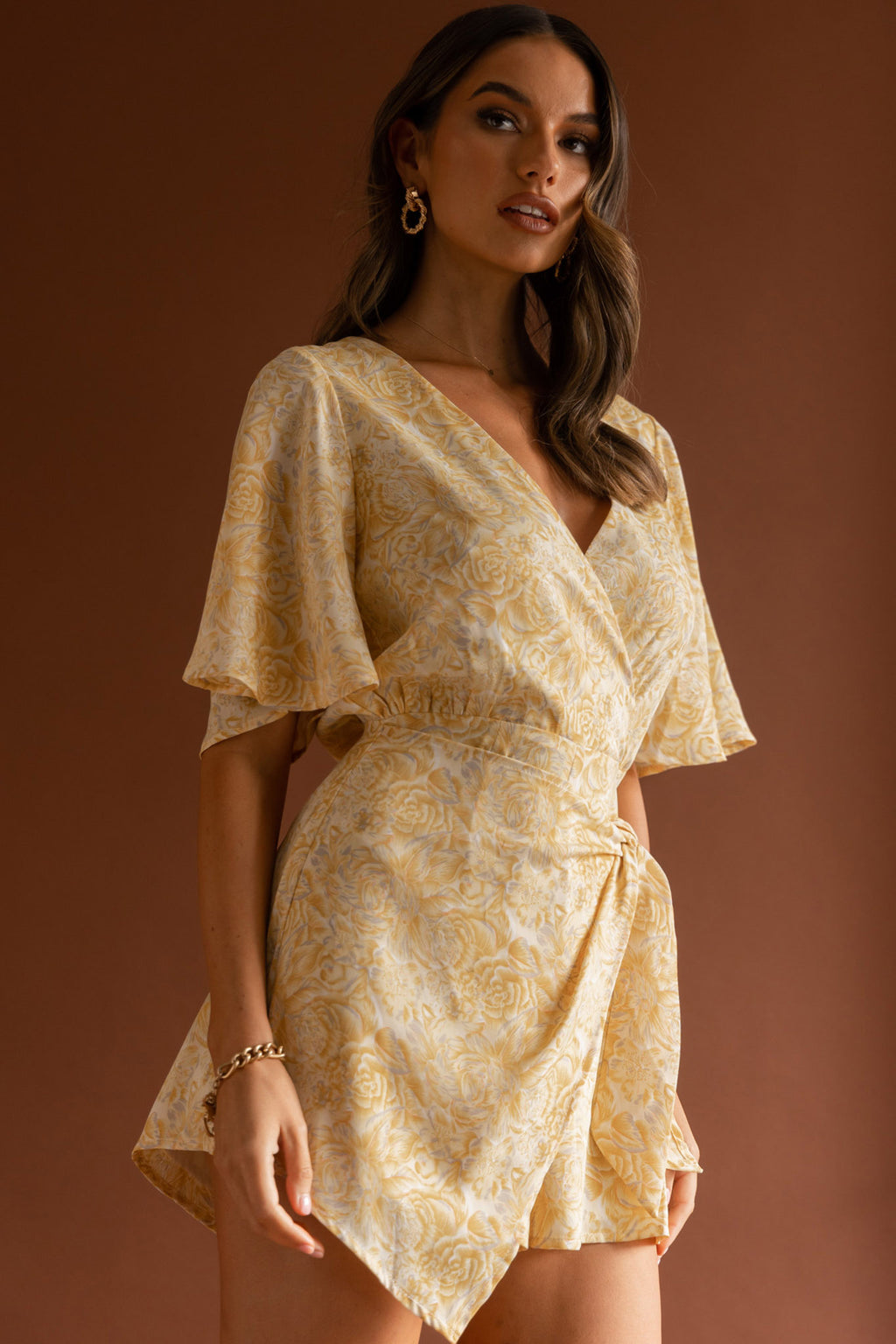 Nadi V-Neckline Wrap Romper Rose Flower Print Yellow by Selfie Leslie