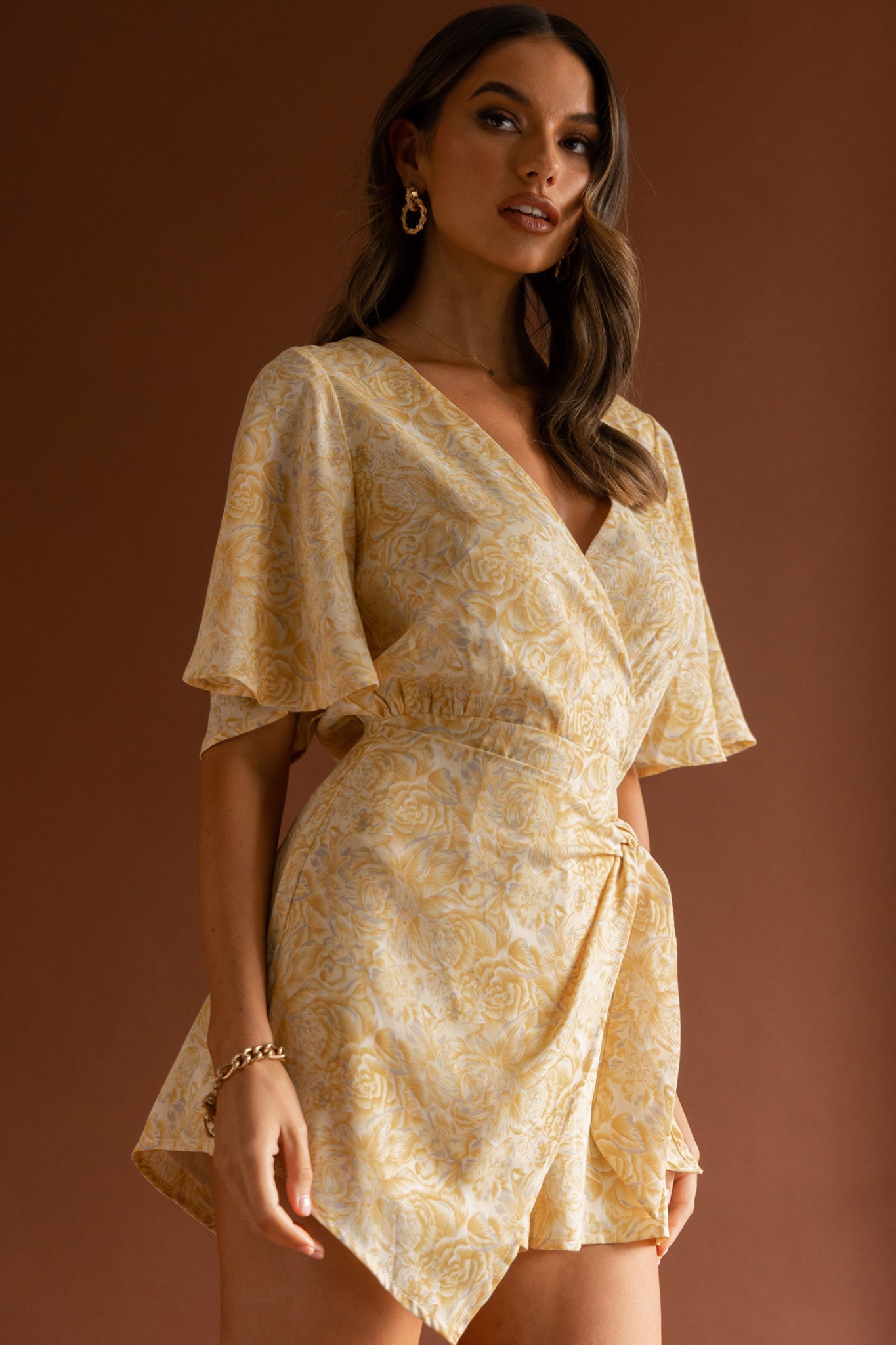 Nadi V-Neckline Wrap Romper Rose Flower Print Yellow by Selfie Leslie