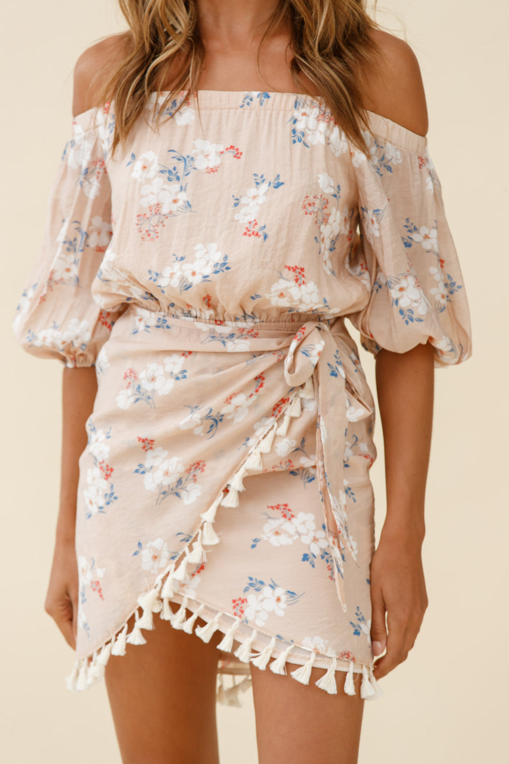 Cayman Tassel Trim Wrap Dress Floral Print Mocha by Selfie Leslie