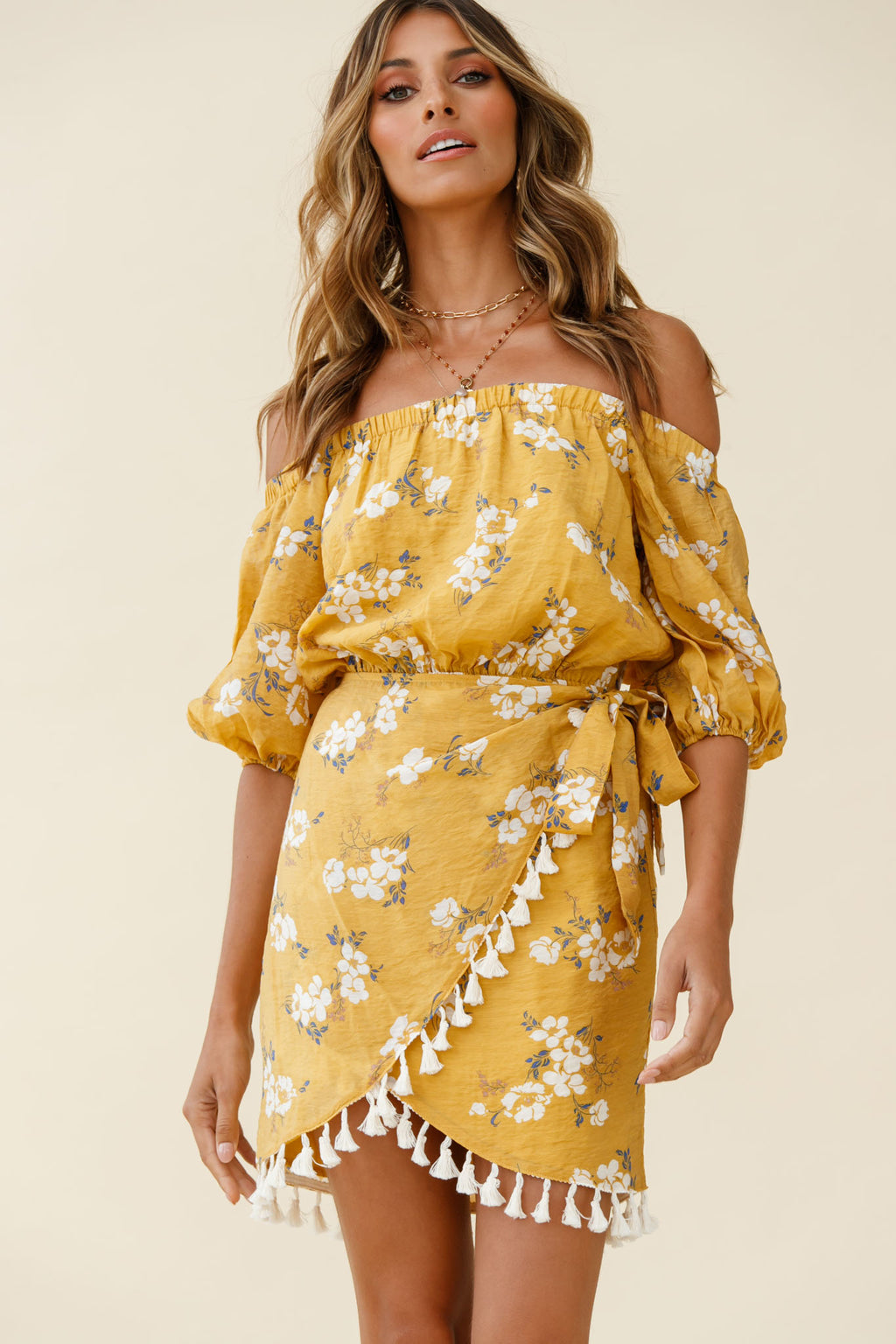Cayman Tassel Trim Wrap Dress Floral Print Mustard by Selfie Leslie