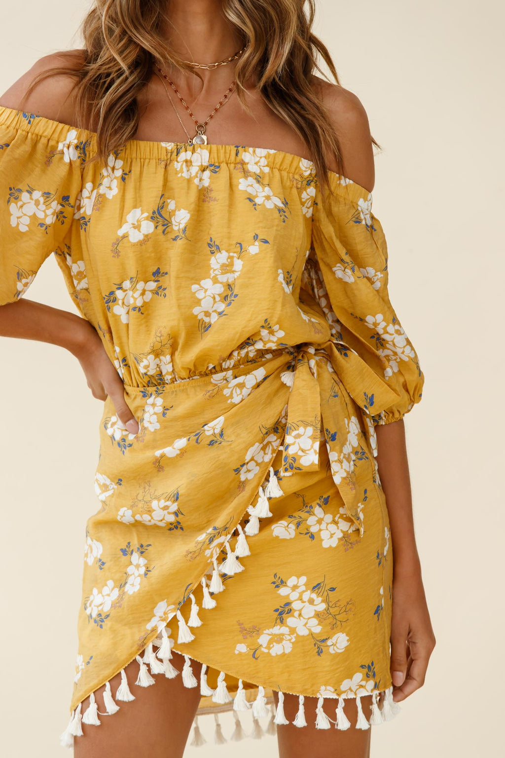 Cayman Tassel Trim Wrap Dress Floral Print Mustard by Selfie Leslie