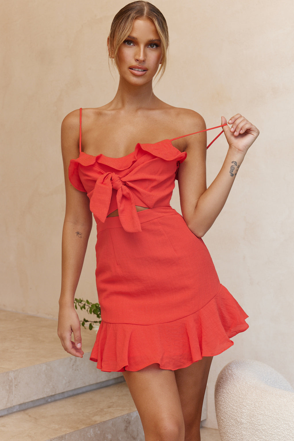 Pico Tied-Knot Bust Ruffle Dress Red by Selfie Leslie
