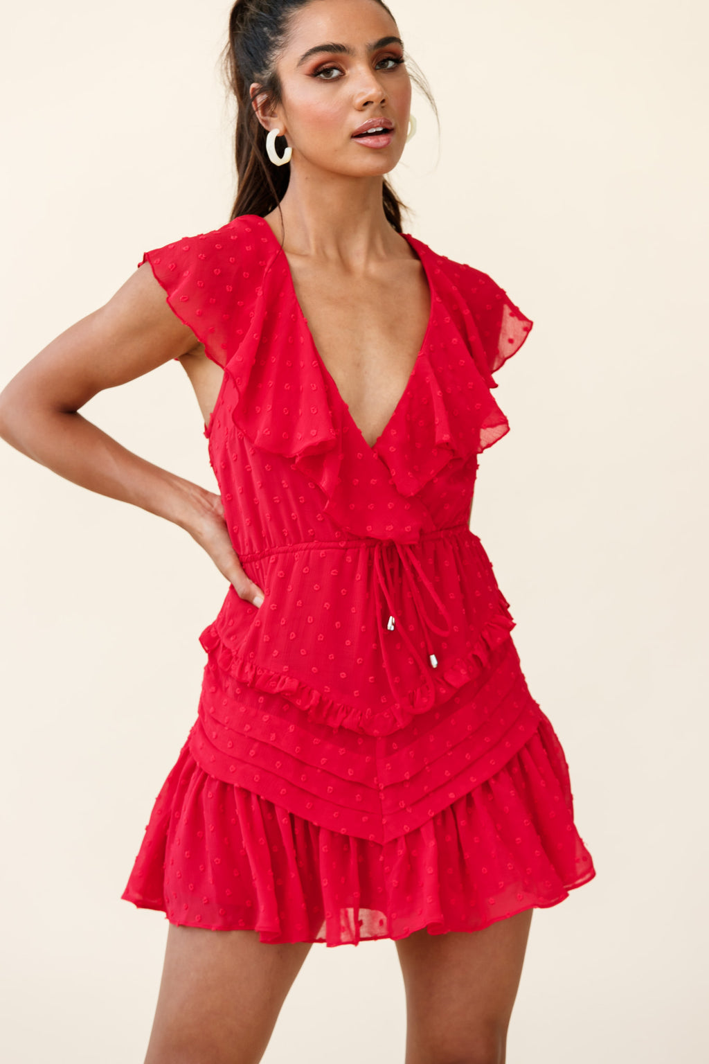 Willah Pintuck And Frill Detail Drawstring Dress Red Textured by Selfie Leslie