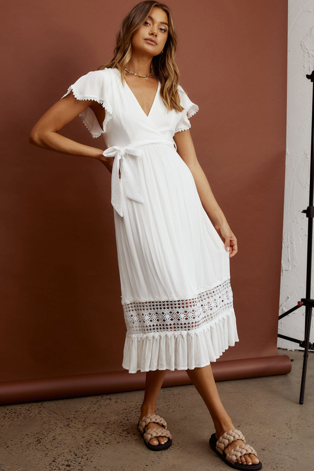 Zephyr Waist Tie Midi Dress White by Selfie Leslie