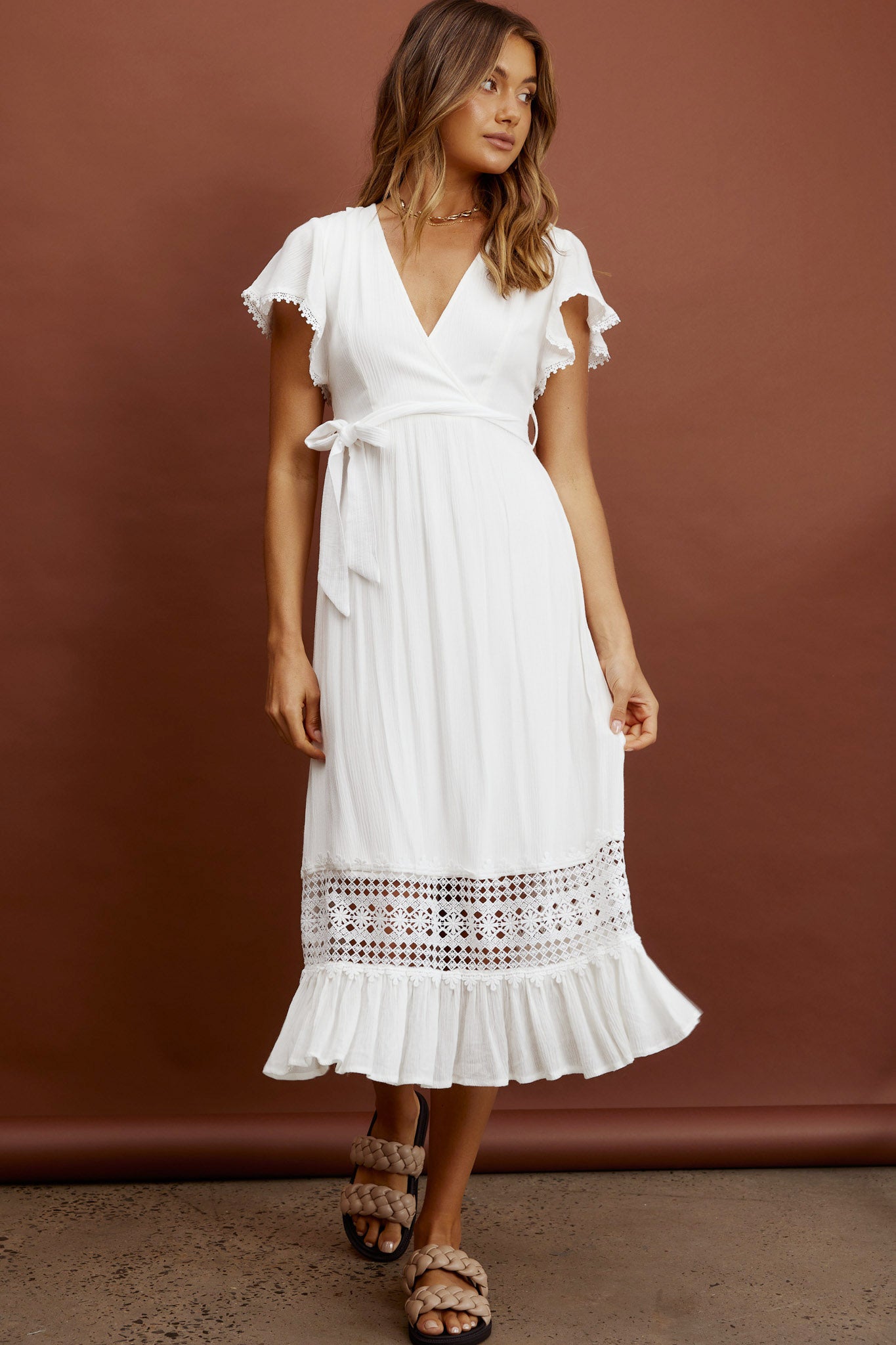 Zephyr Waist Tie Midi Dress White by Selfie Leslie
