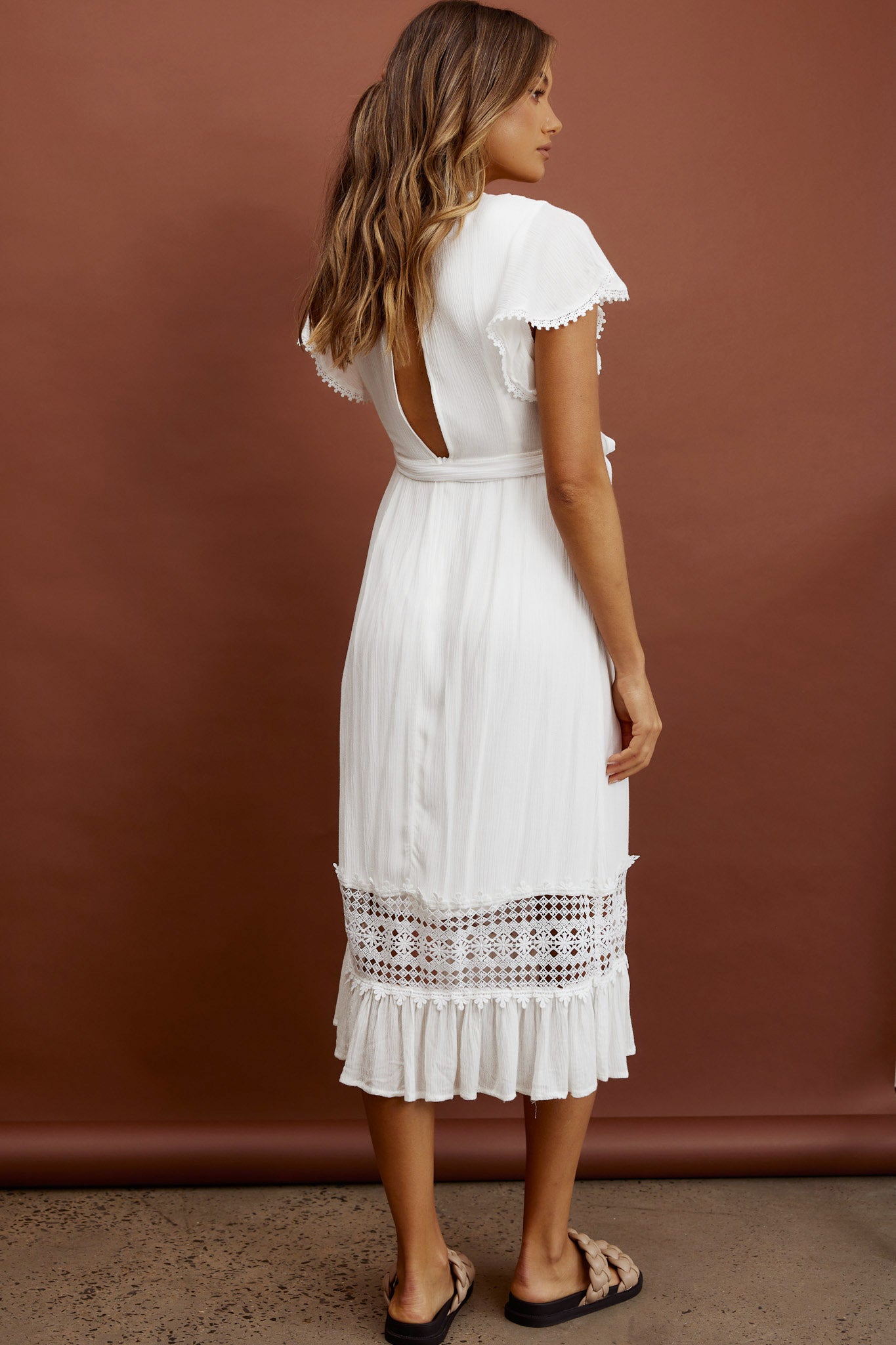 Zephyr Waist Tie Midi Dress White by Selfie Leslie