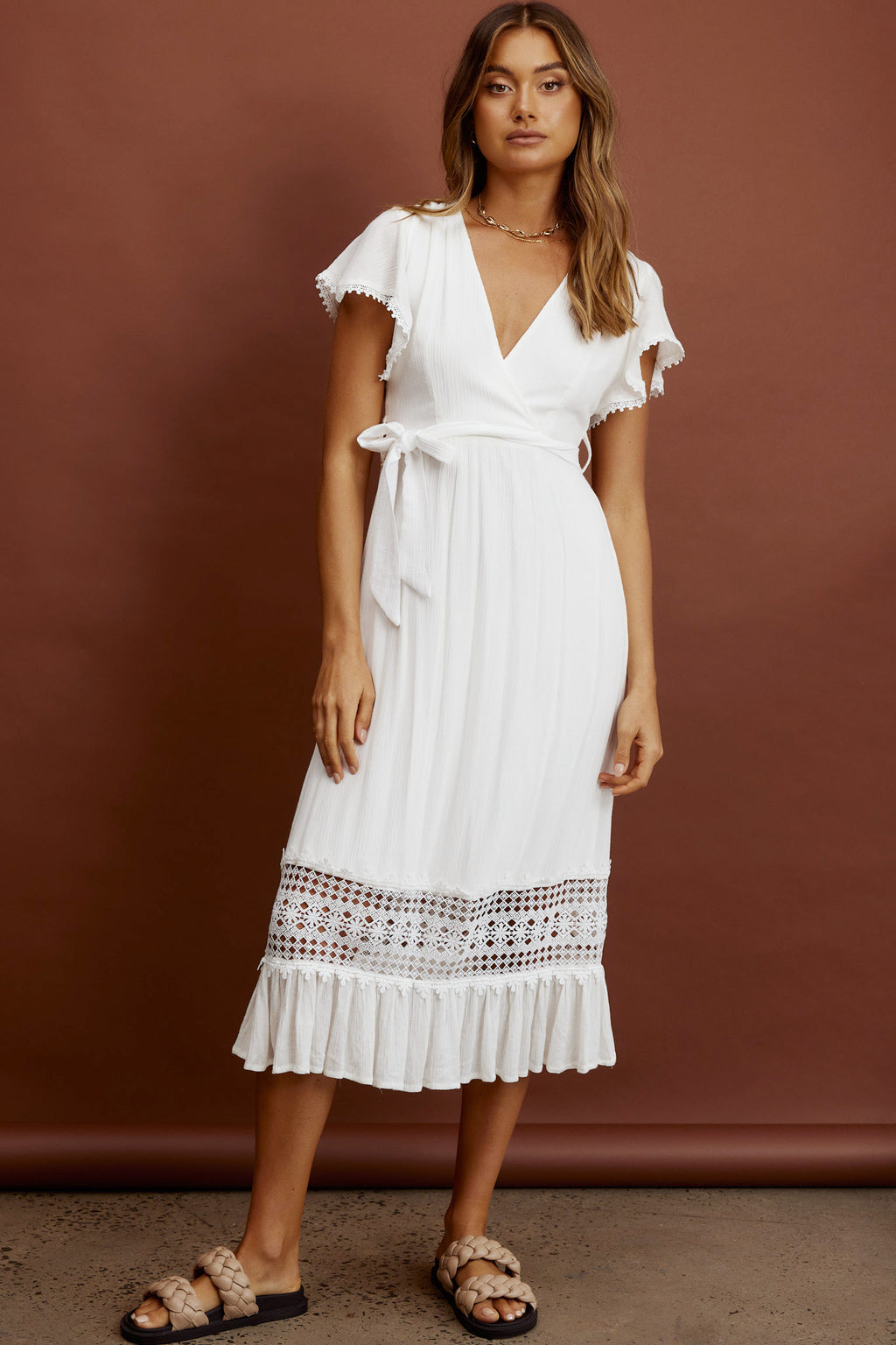 Zephyr Waist Tie Midi Dress White by Selfie Leslie