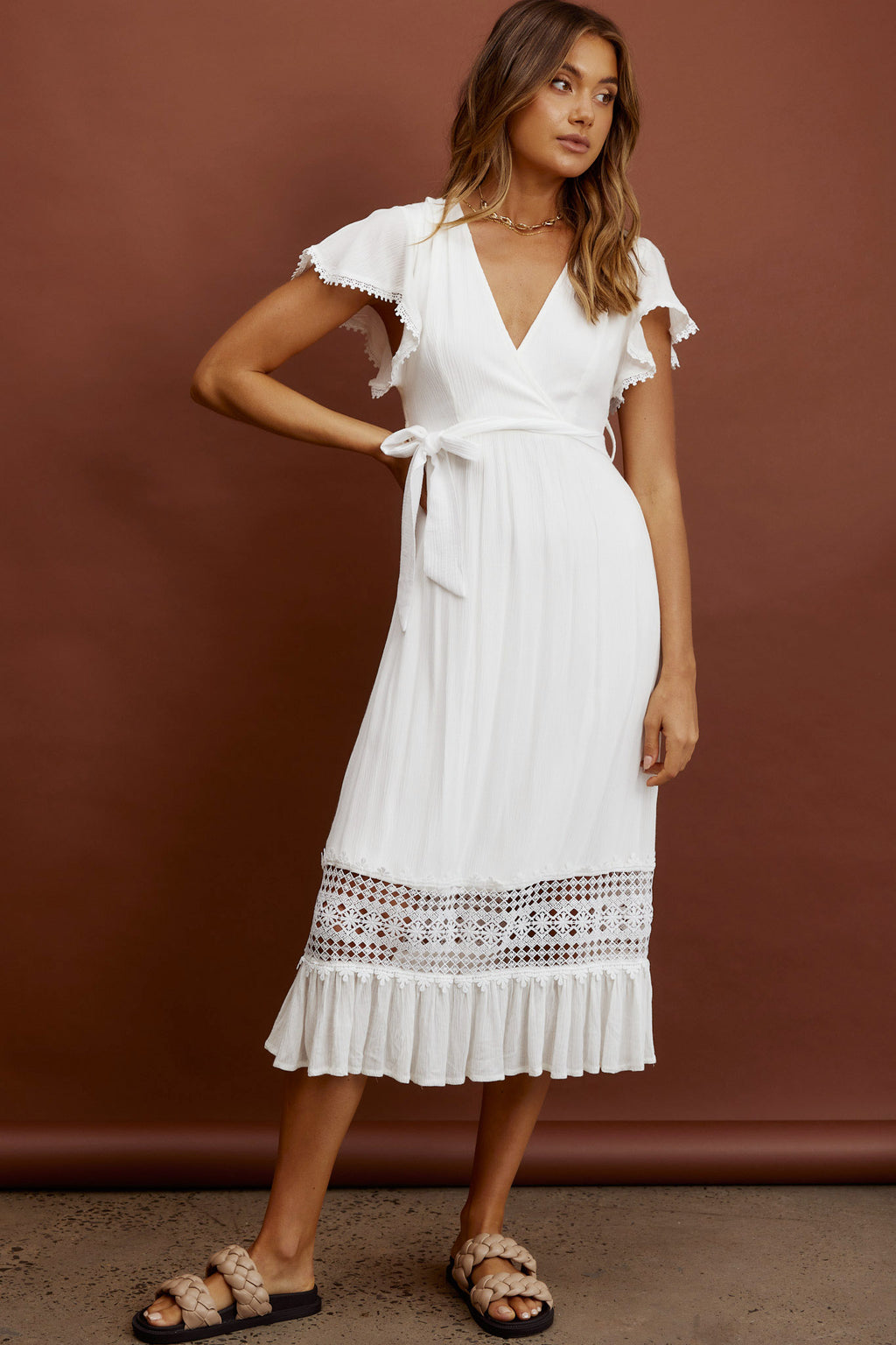 Zephyr Waist Tie Midi Dress White by Selfie Leslie