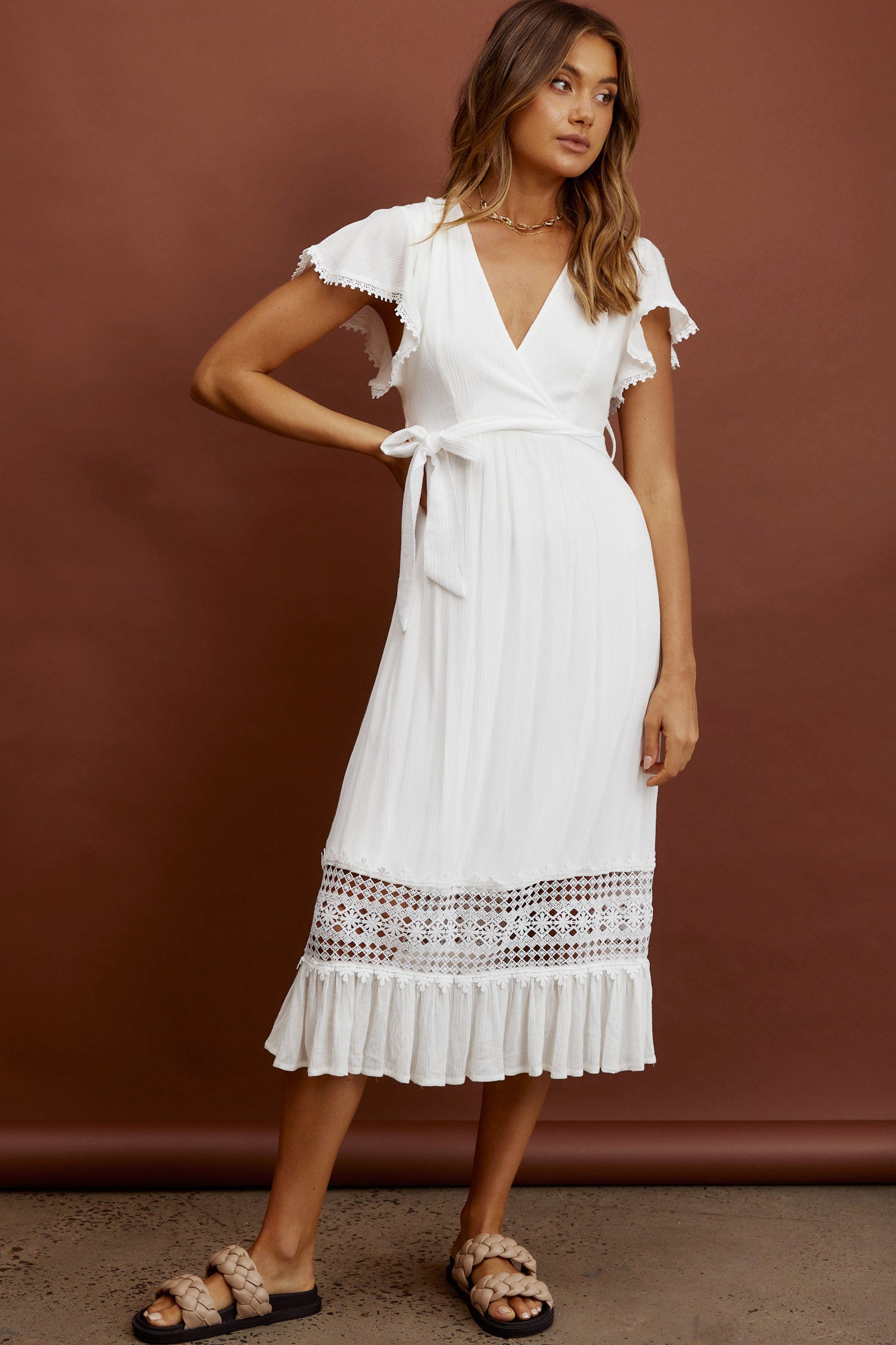 Zephyr Waist Tie Midi Dress White by Selfie Leslie