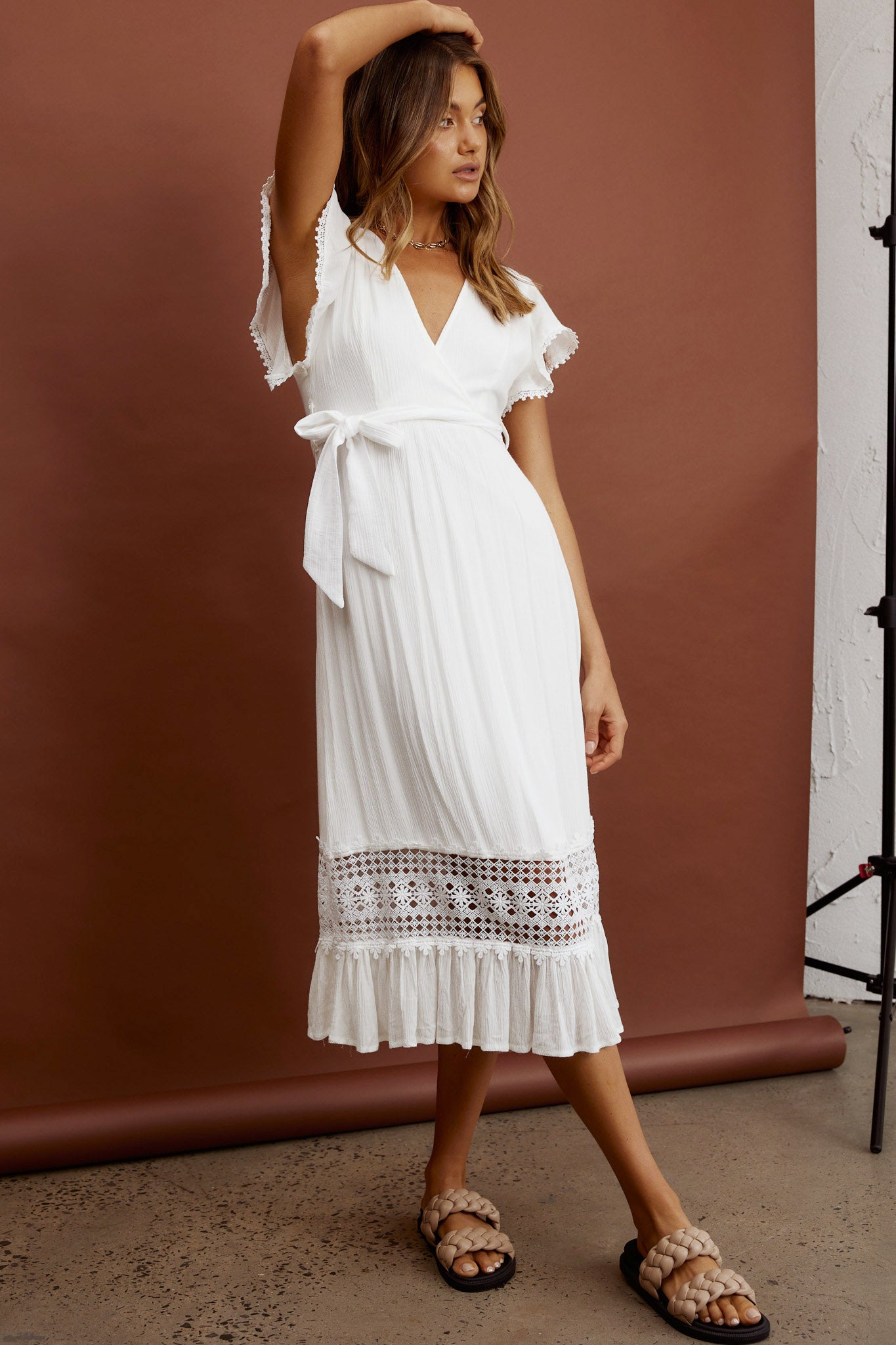 Zephyr Waist Tie Midi Dress White by Selfie Leslie