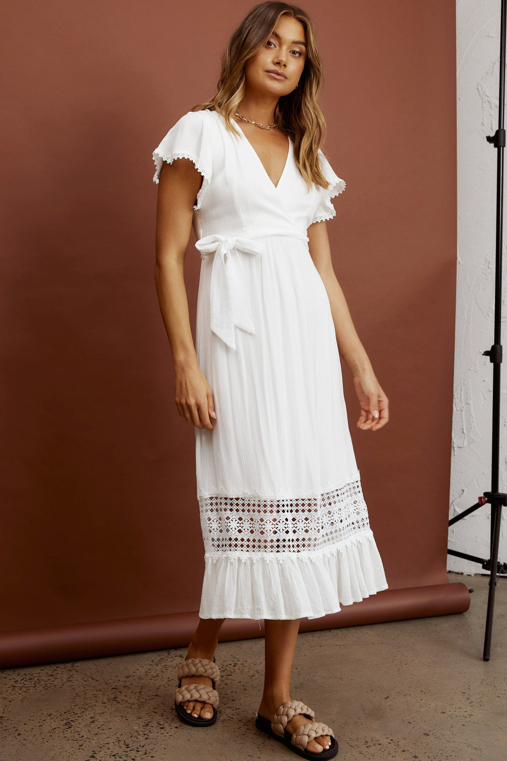 Zephyr Waist Tie Midi Dress White by Selfie Leslie