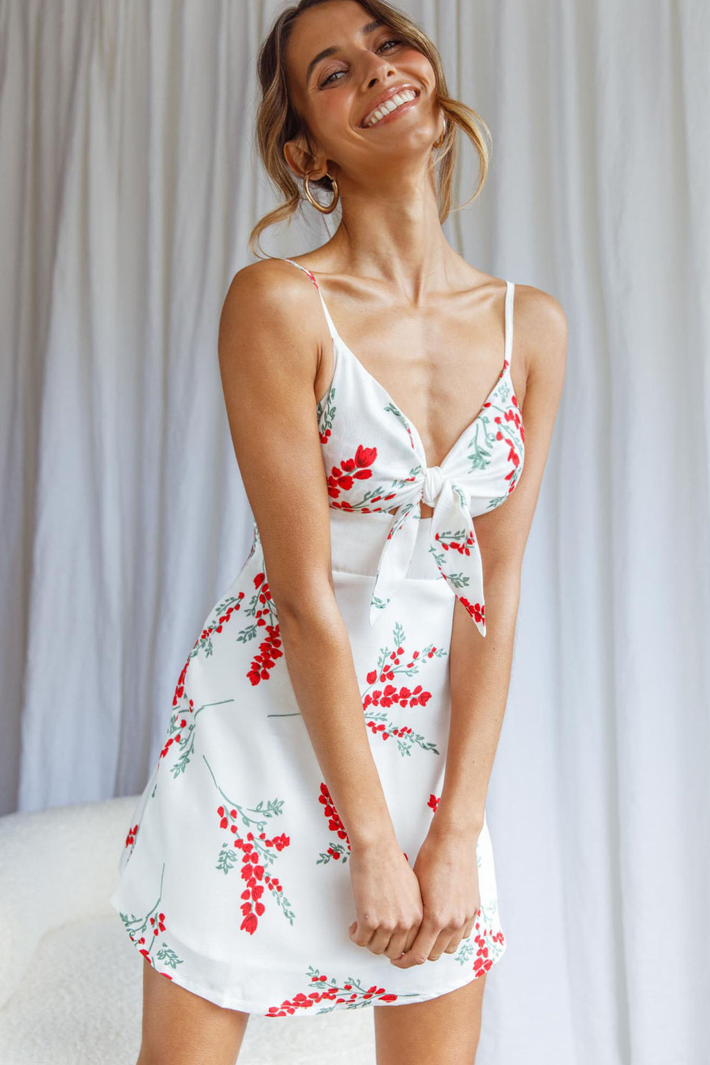 Starry Night Satin Bust-Tie Mini Dress Floral Print White by Selfie Leslie