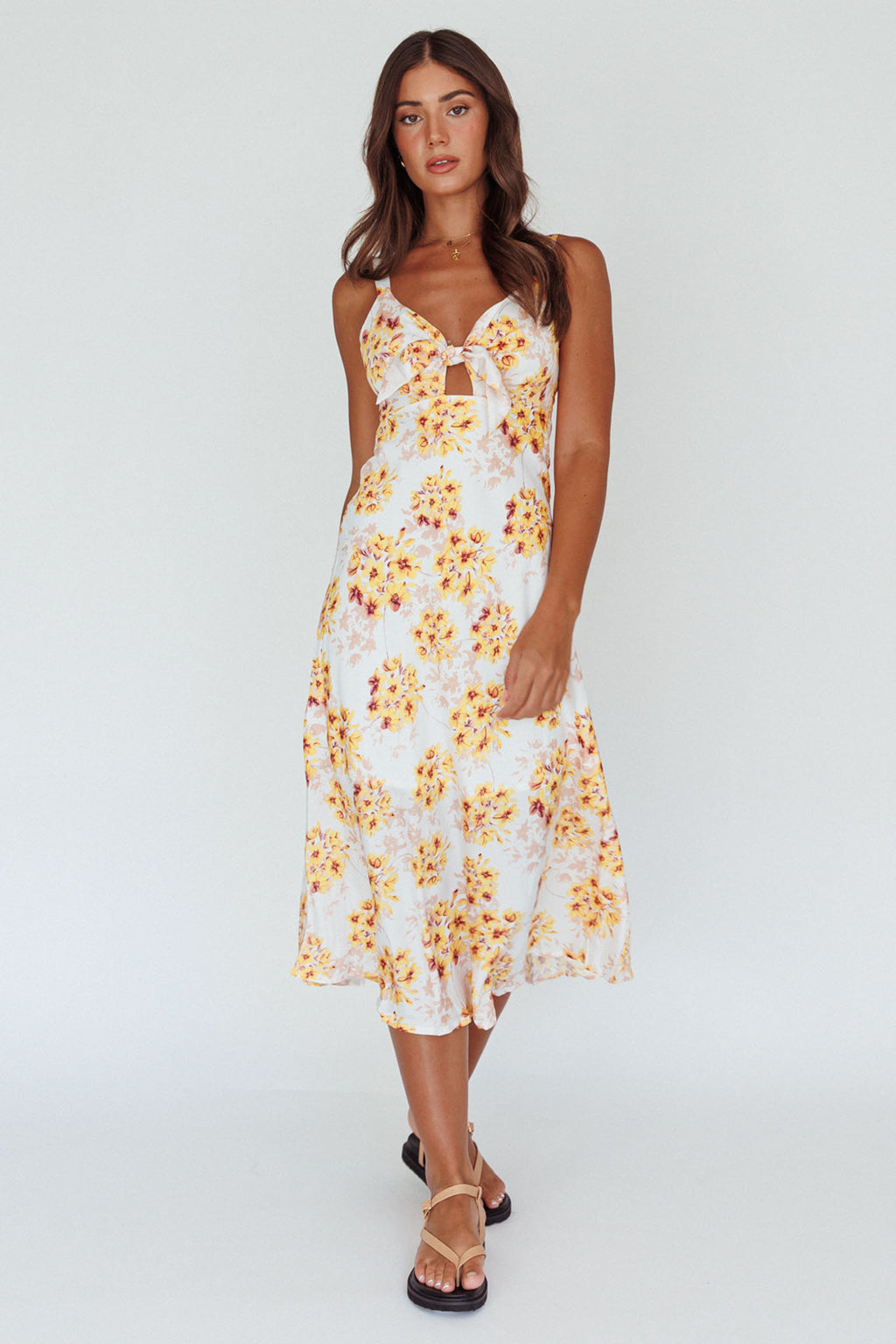 Starry Night Bust-Tie Midi Dress Floral Yellow by Selfie Leslie