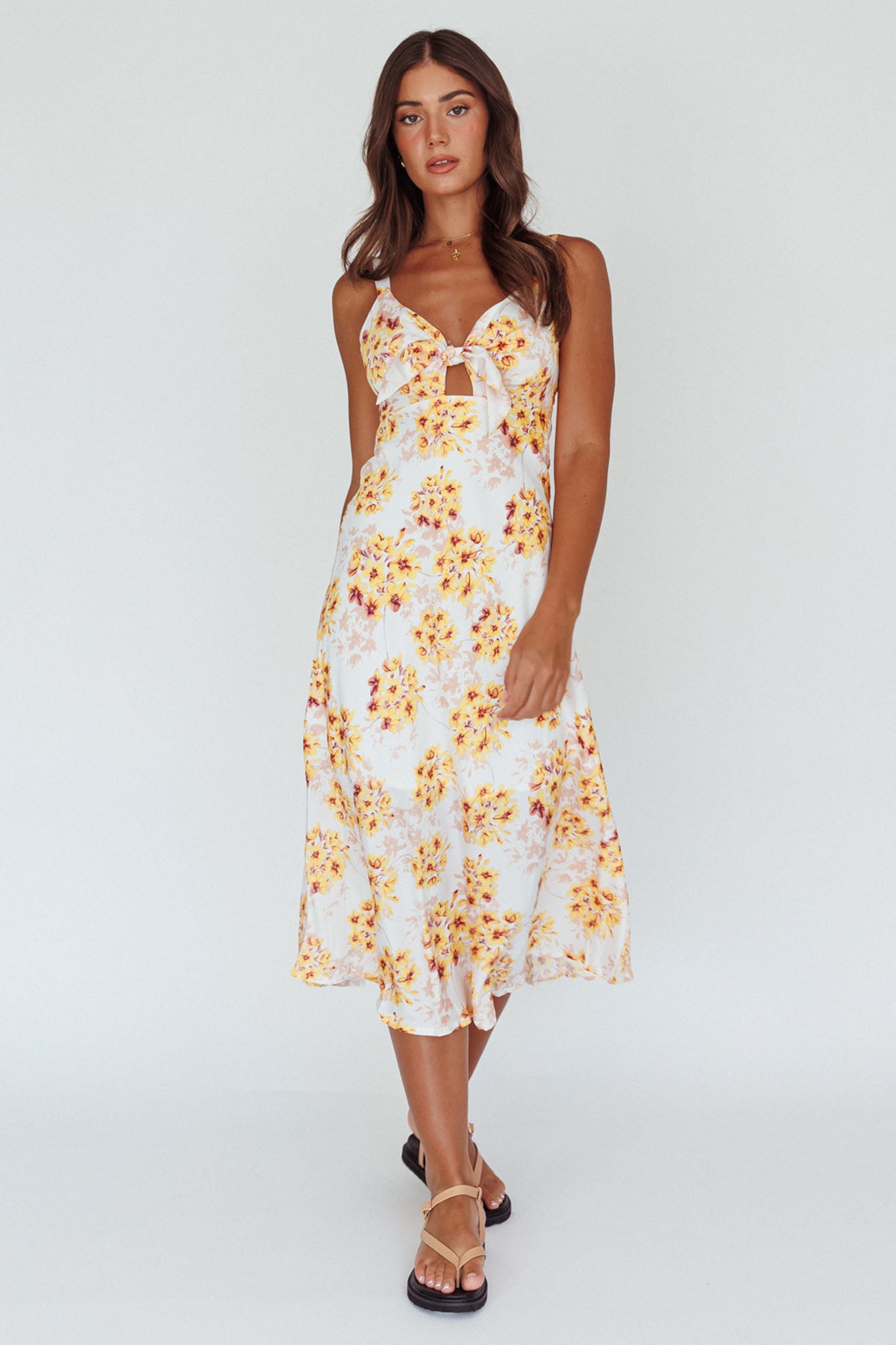 Starry Night Bust-Tie Midi Dress Floral Yellow by Selfie Leslie