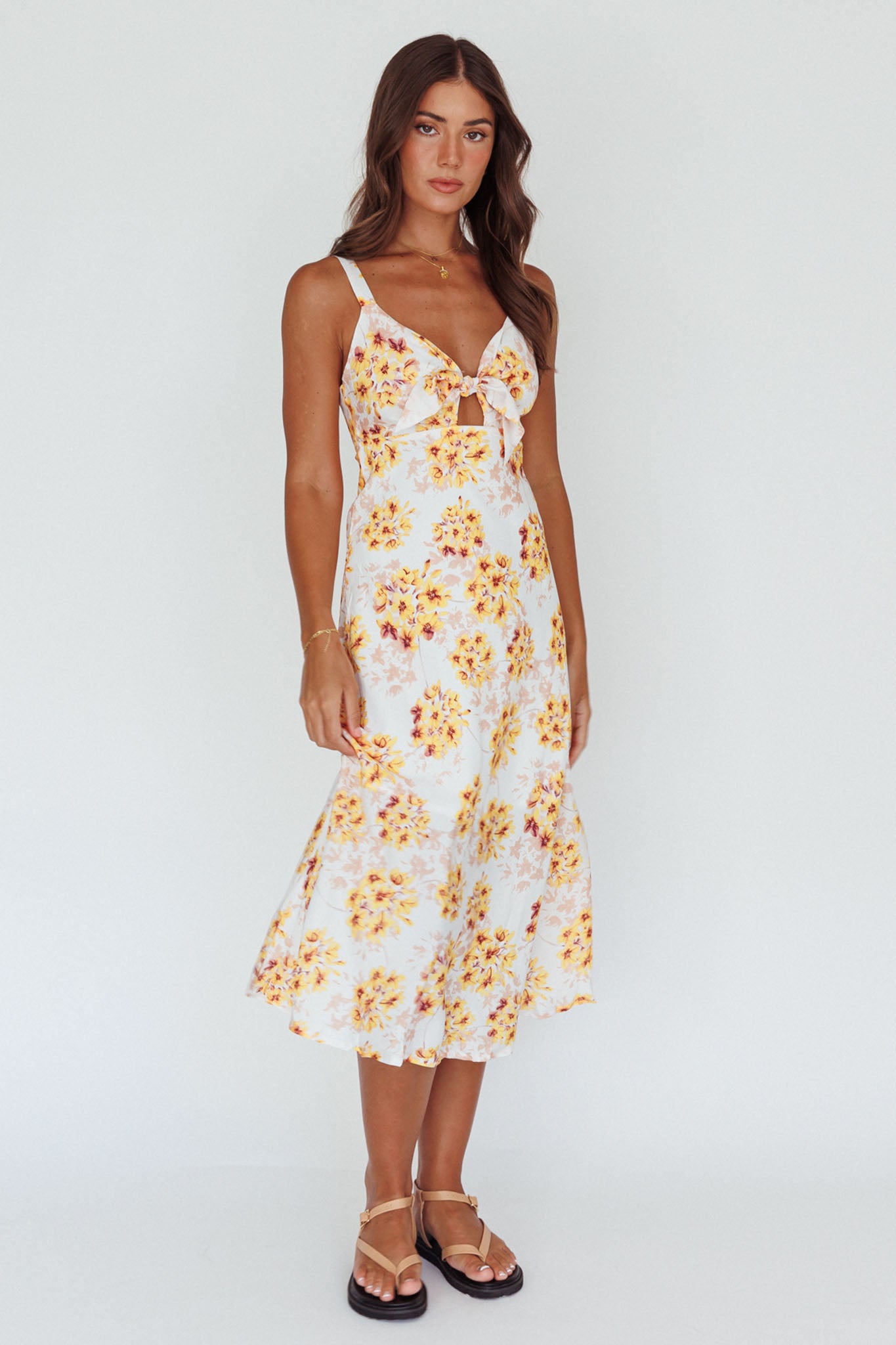 Starry Night Bust-Tie Midi Dress Floral Yellow by Selfie Leslie