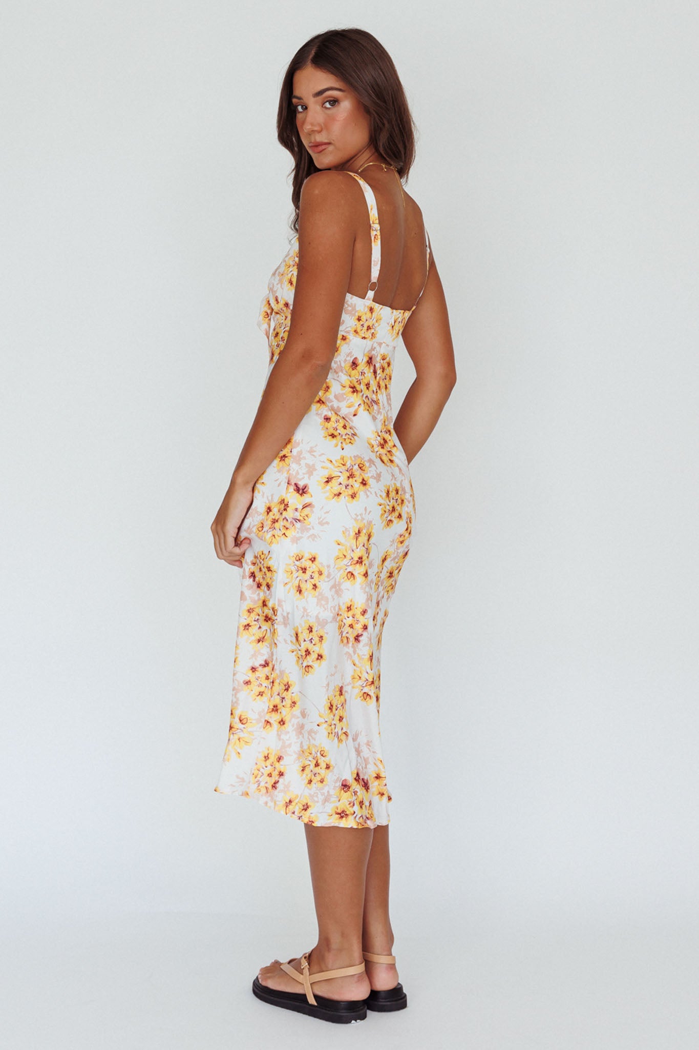 Starry Night Bust-Tie Midi Dress Floral Yellow by Selfie Leslie