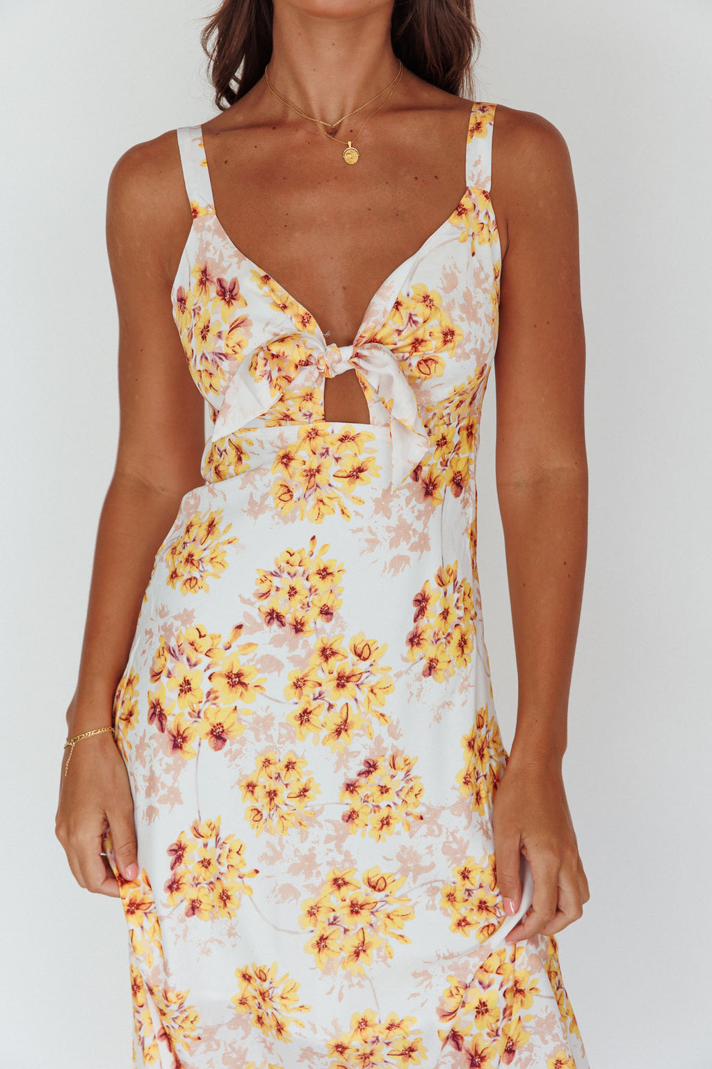 Starry Night Bust-Tie Midi Dress Floral Yellow by Selfie Leslie