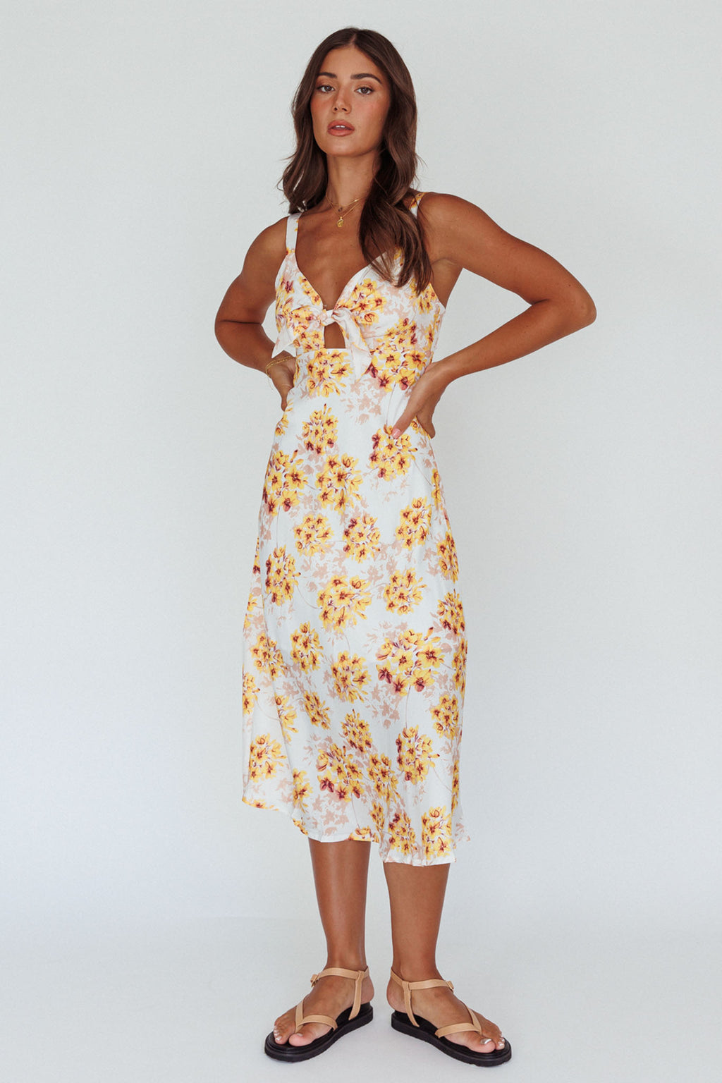 Starry Night Bust-Tie Midi Dress Floral Yellow by Selfie Leslie