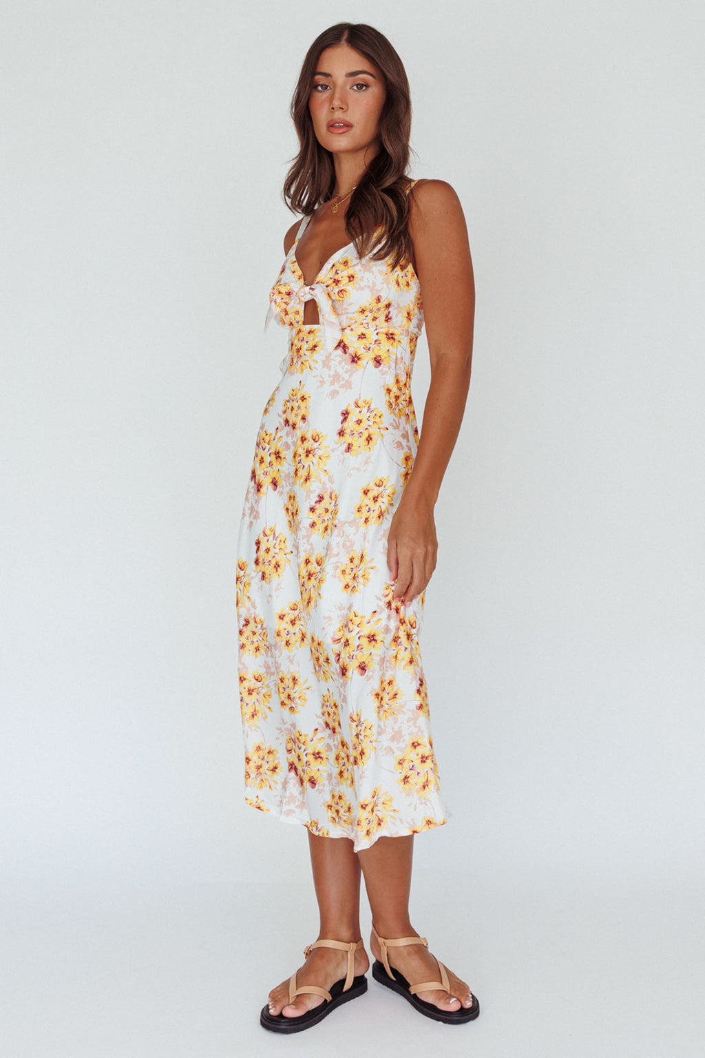 Starry Night Bust-Tie Midi Dress Floral Yellow by Selfie Leslie