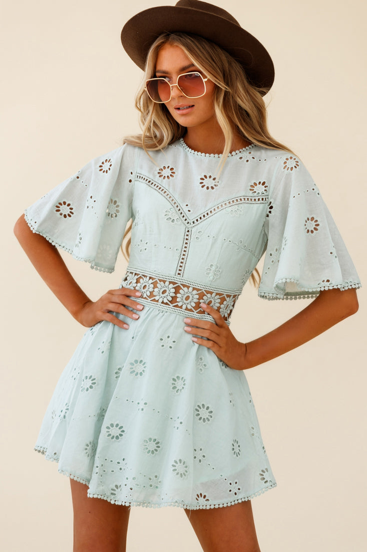 Anais Fluted Sleeve Exposed Back Broderie Anglaise Dress Sage by Selfie Leslie