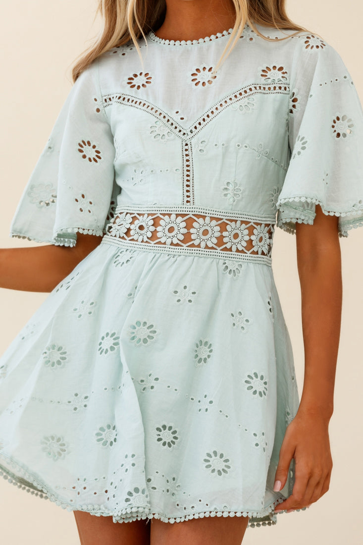 Anais Fluted Sleeve Exposed Back Broderie Anglaise Dress Sage by Selfie Leslie