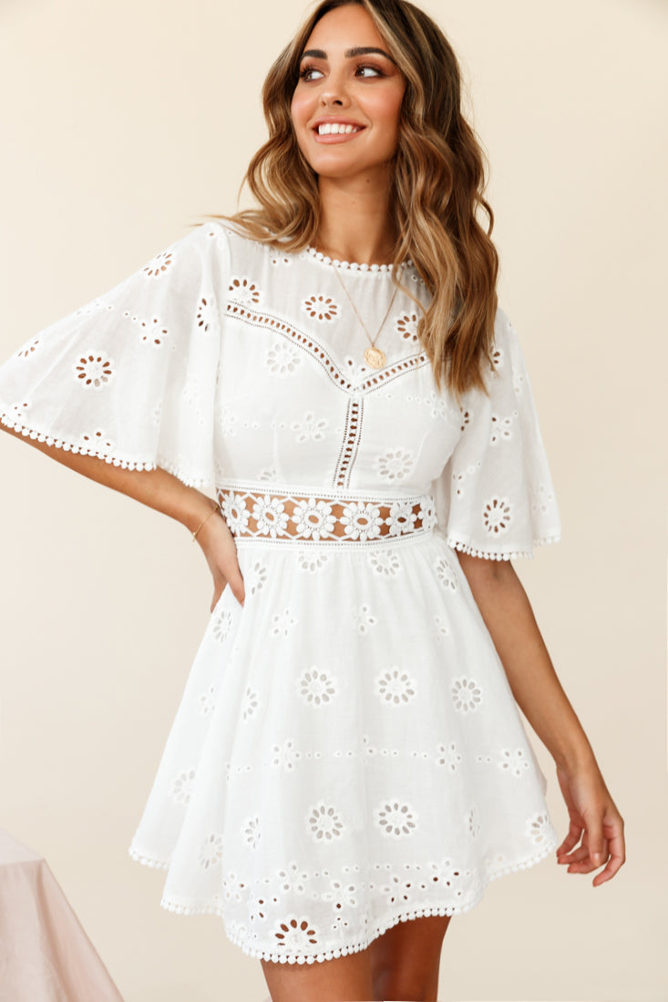 Anais Fluted Sleeve Exposed Back Broderie Anglaise Dress White by Selfie Leslie