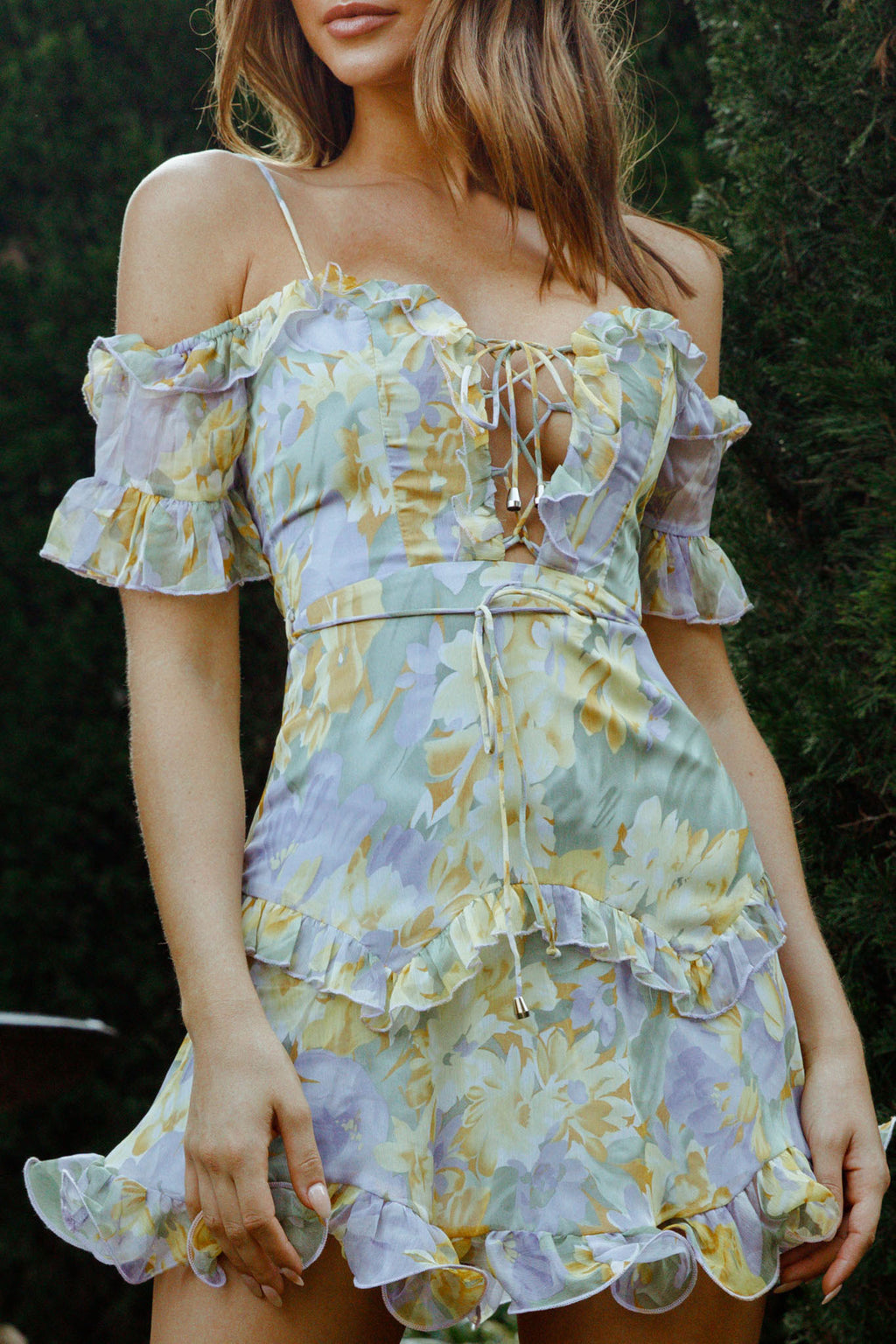 Maranda Bardot Lace-Up Bust Dress Floral Print Yellow by Selfie Leslie