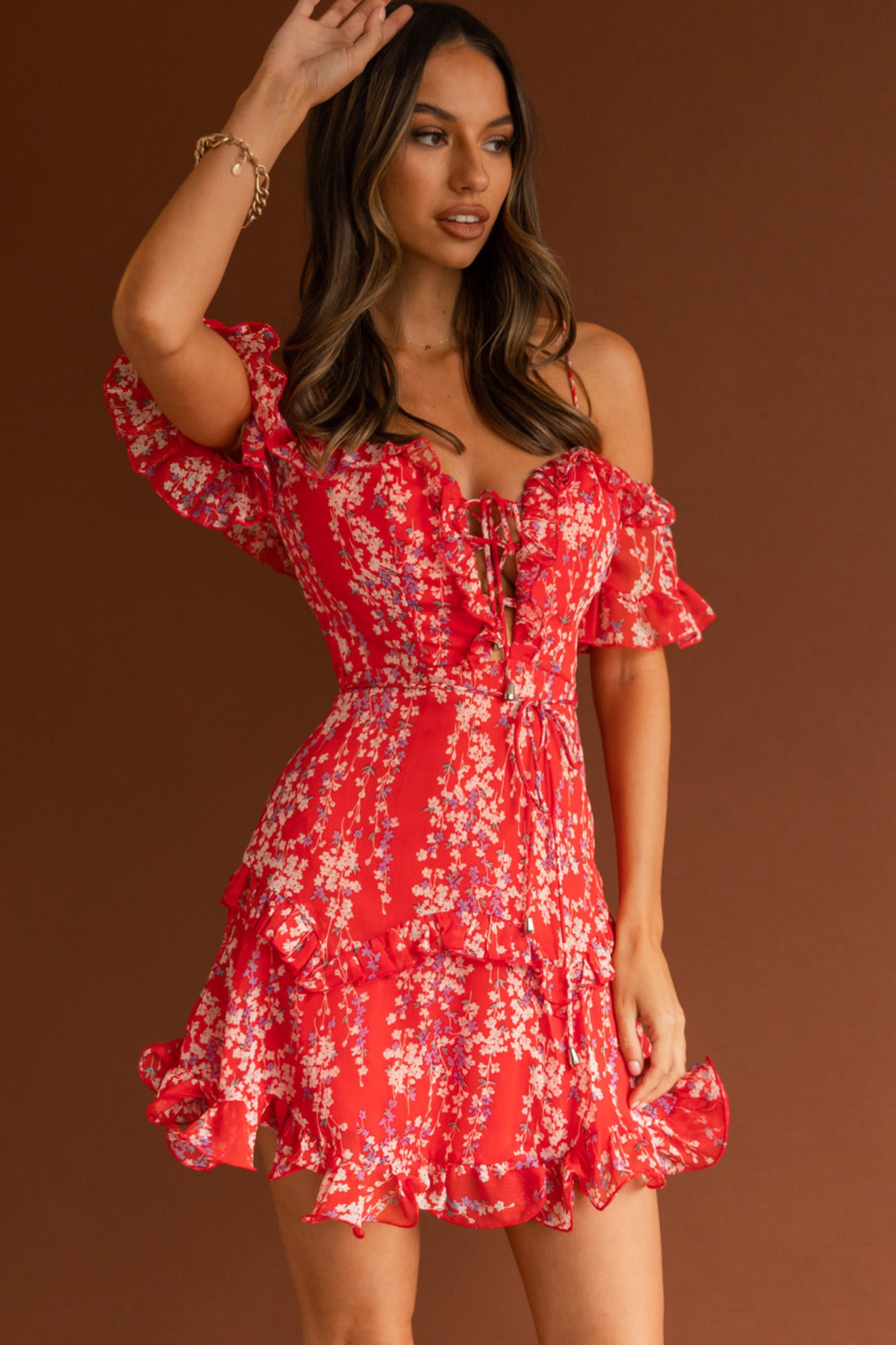 Shop the Maranda Bardot Lace-Up Dress Dainty Floral Red Selfie