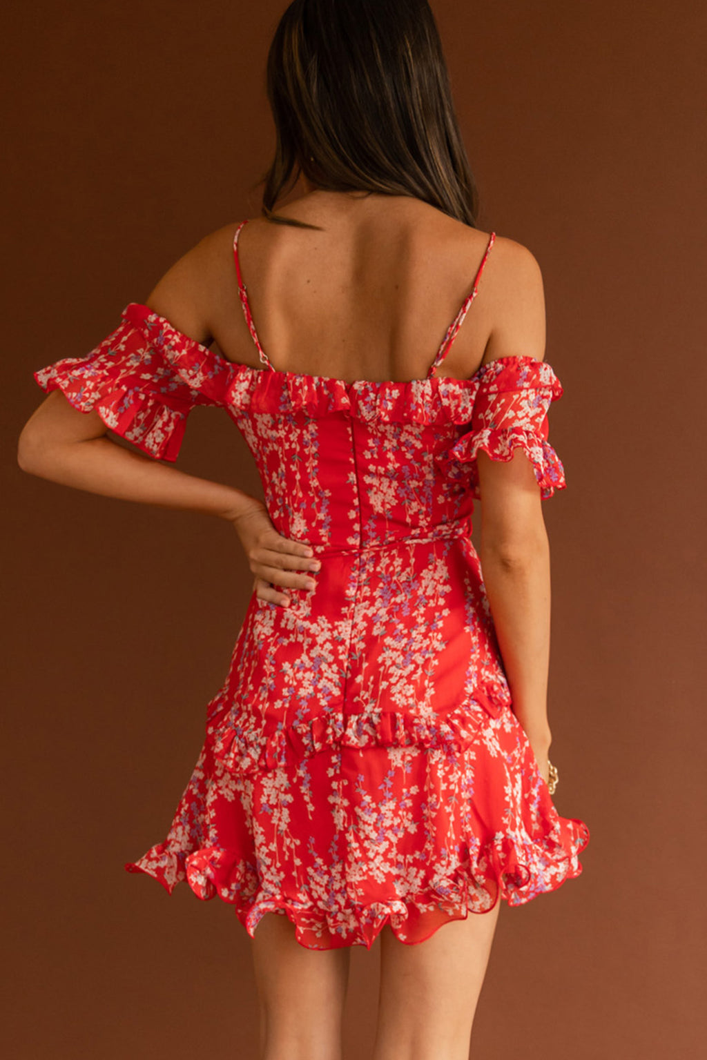 Maranda Bardot Lace-Up Bust Dress Dainty Floral Red by Selfie Leslie