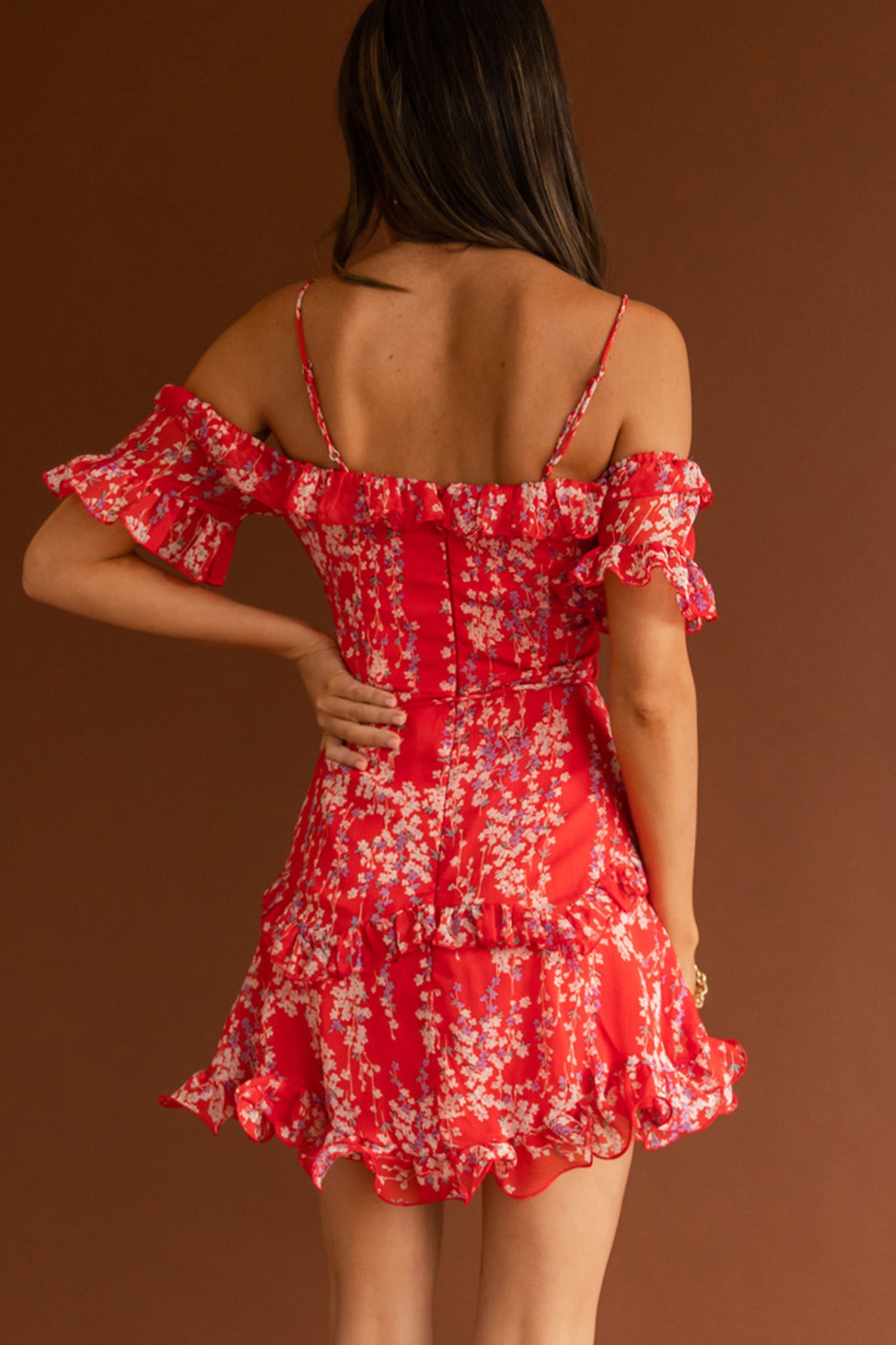 Maranda Bardot Lace-Up Bust Dress Dainty Floral Red by Selfie Leslie