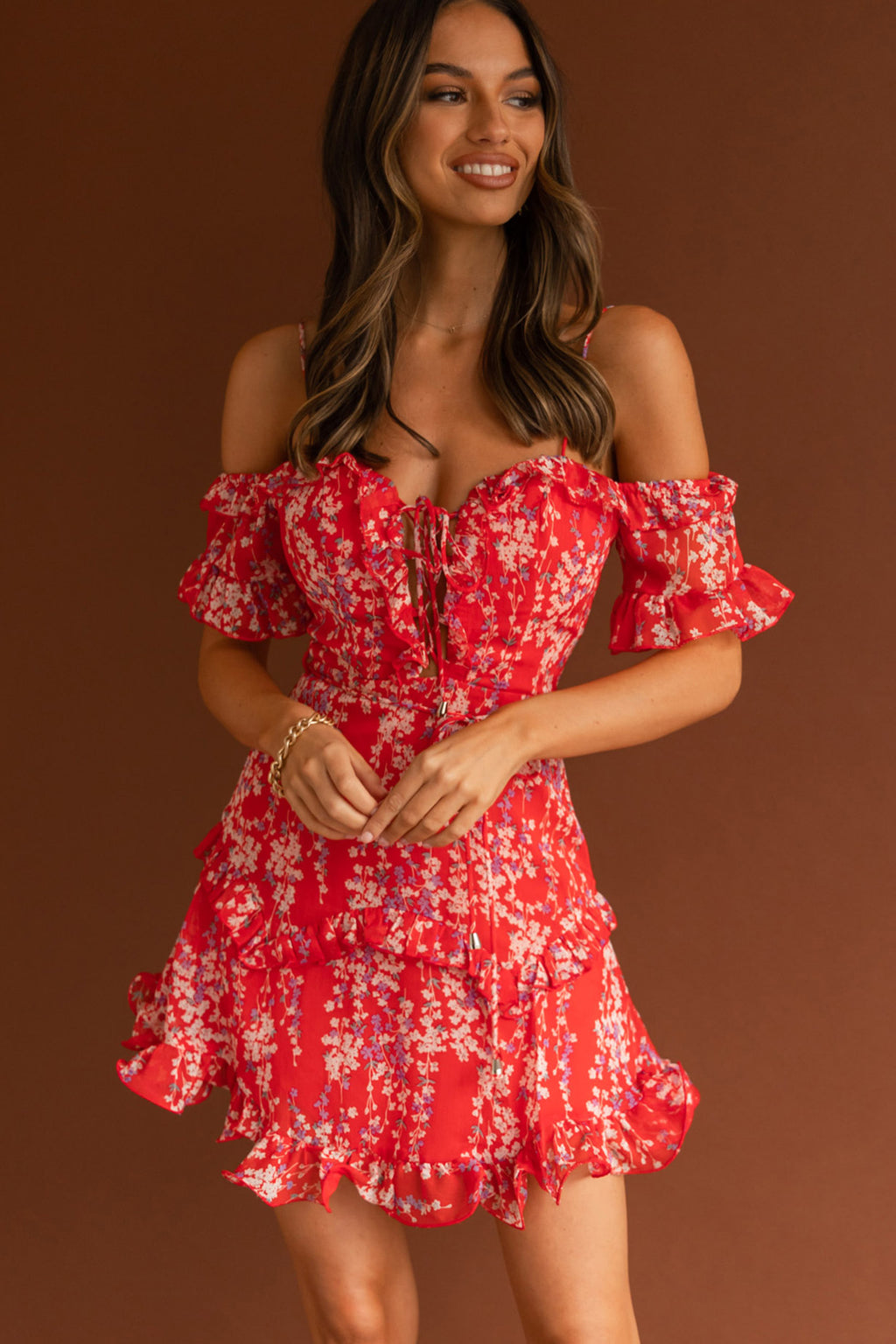 Maranda Bardot Lace-Up Bust Dress Dainty Floral Red by Selfie Leslie