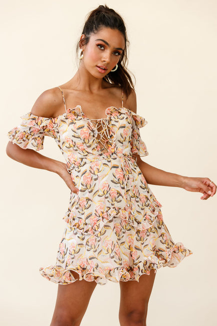 Maranda Bardot Lace-Up Bust Dress Banksia Print Navy