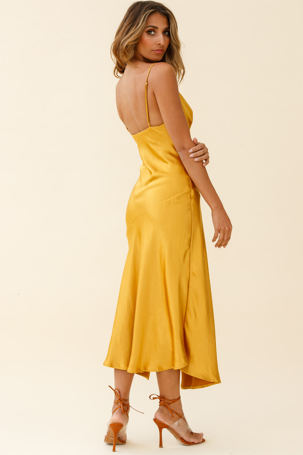 Downtown Cami Strap Front Split Midi Dress Mustard by Selfie Leslie