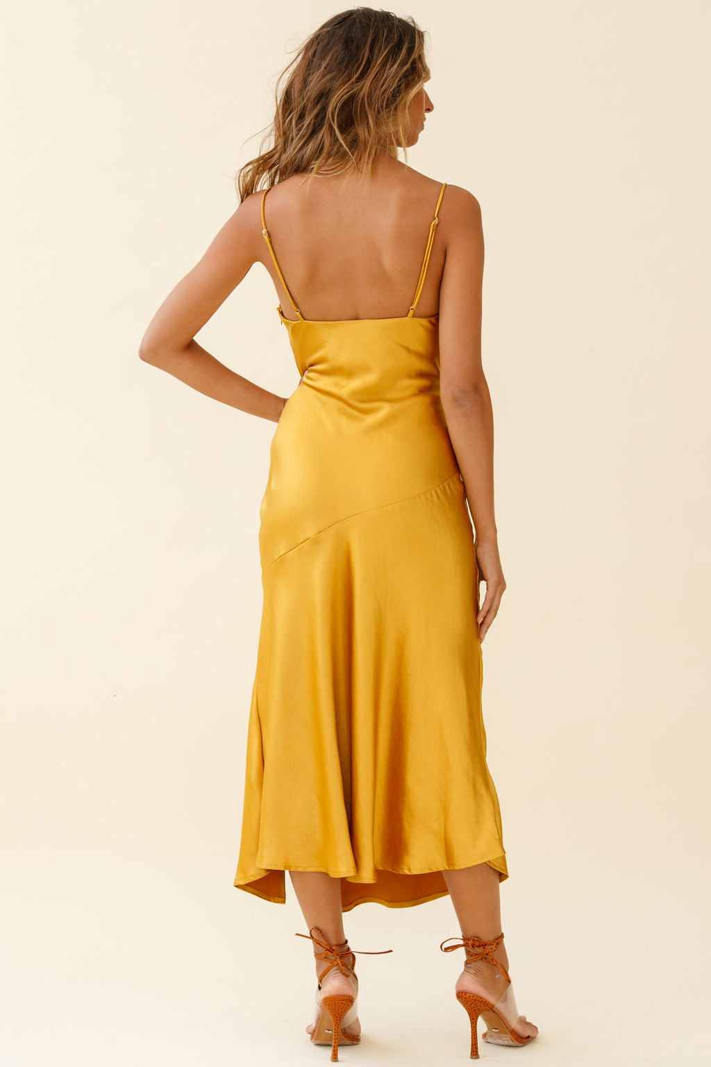 Downtown Cami Strap Front Split Midi Dress Mustard by Selfie Leslie