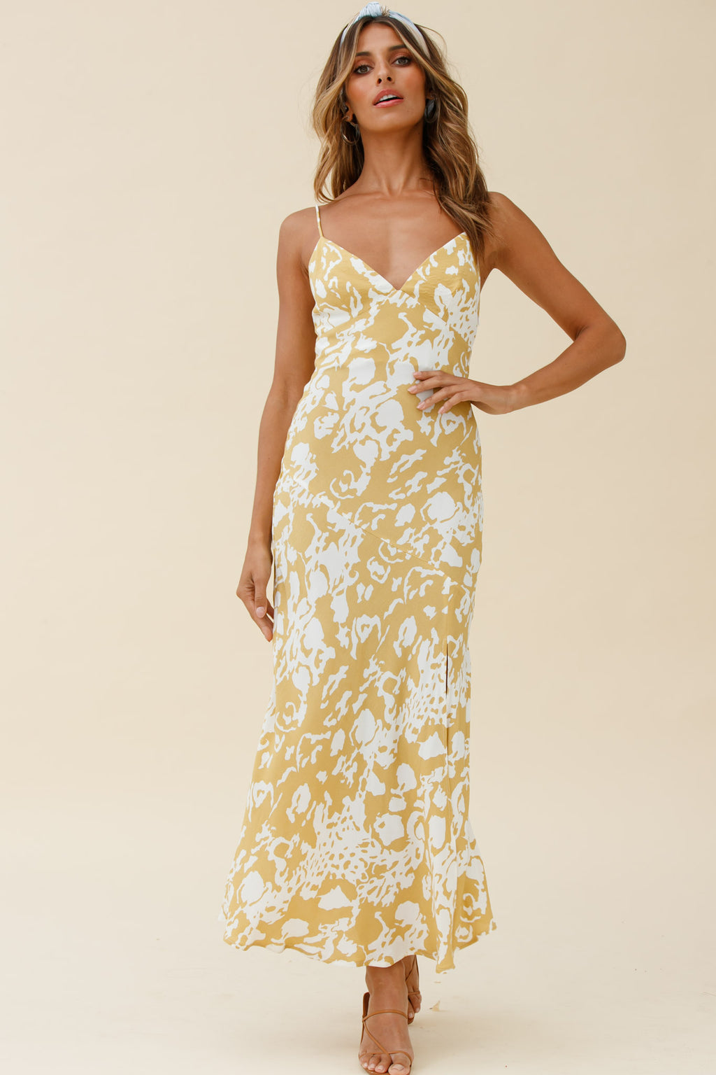 Downtown Cami Strap Front Split Midi Dress Stencil Print Mustard by Selfie Leslie