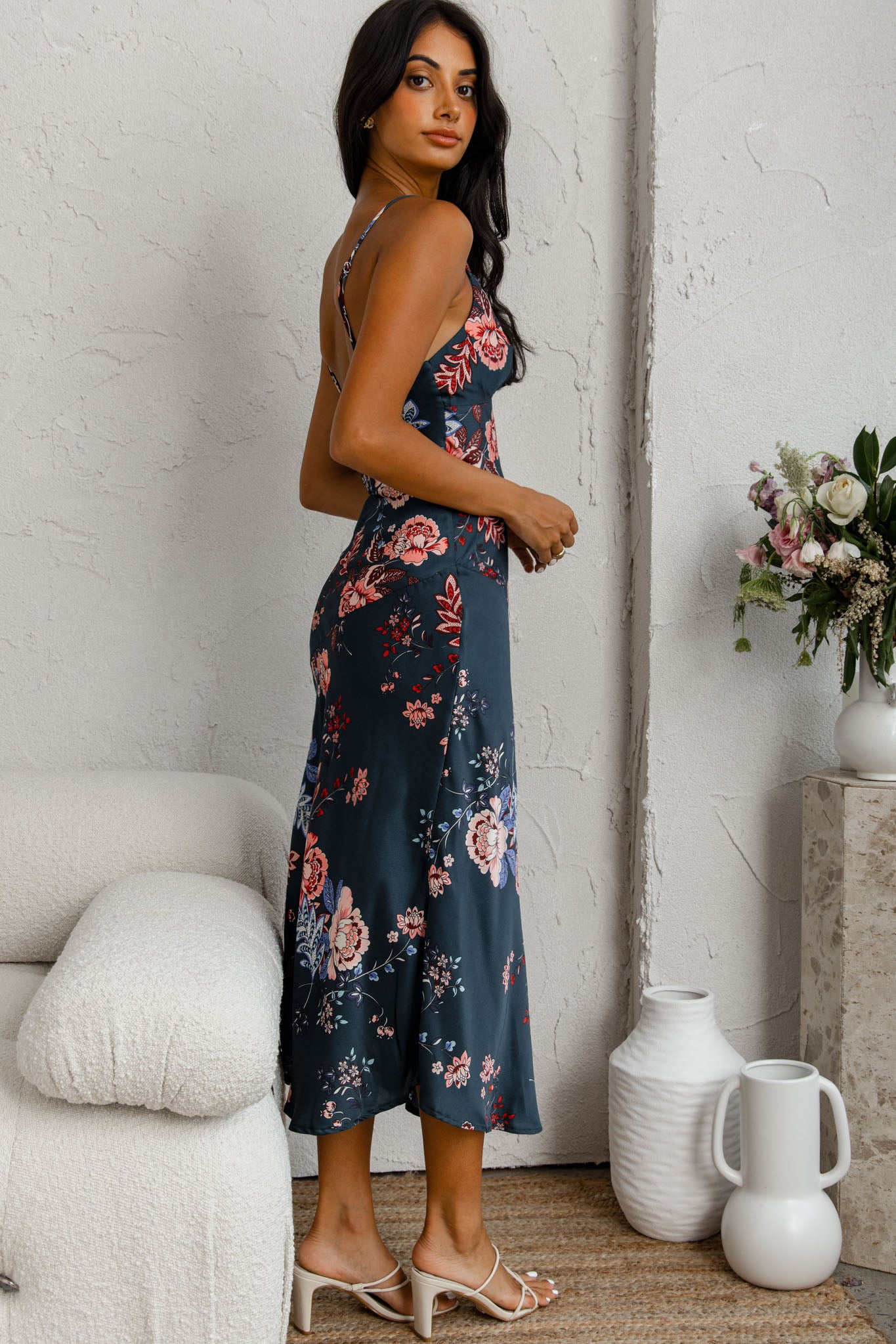 Downtown Cami Strap Front Split Midi Dress Oriental Flower Print Forest Green by Selfie Leslie