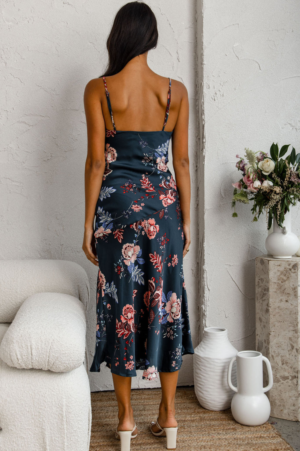 Downtown Cami Strap Front Split Midi Dress Oriental Flower Print Forest Green by Selfie Leslie
