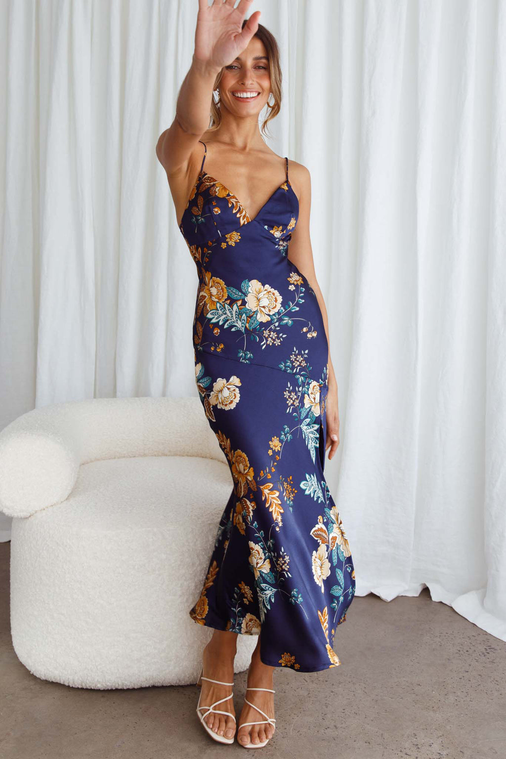 Downtown Cami Strap Front Split Midi Dress Oriental Flower Print Navy by Selfie Leslie