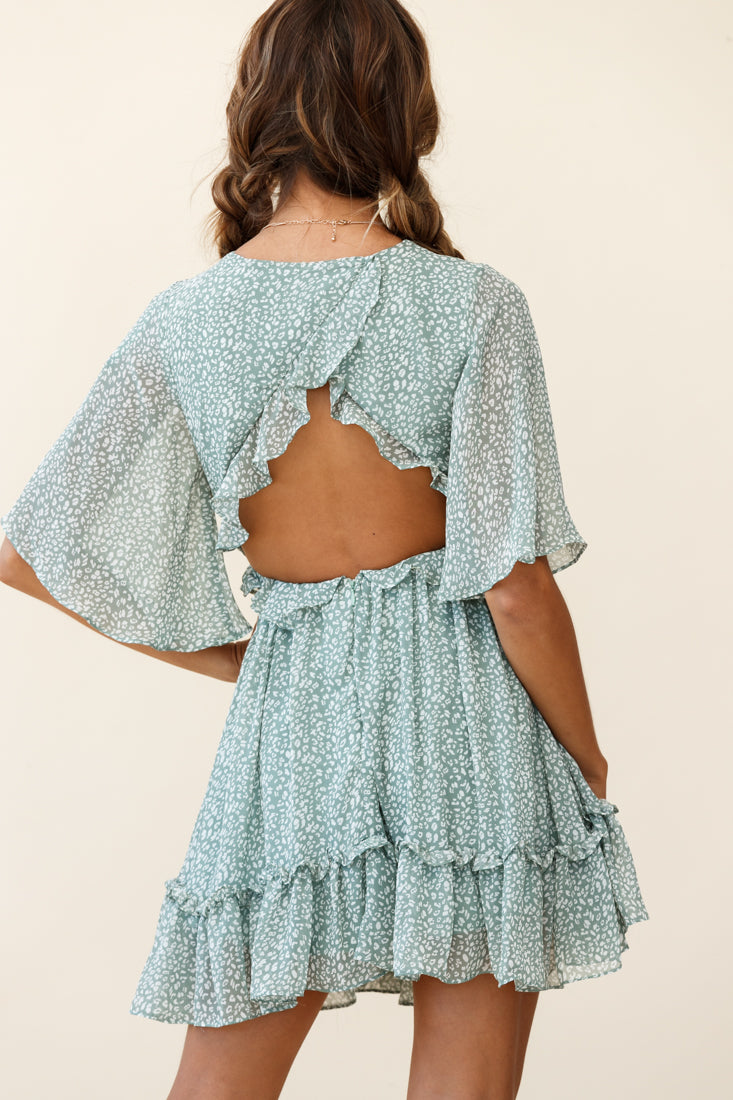 Flissy Angel Sleeve Cut-Out Babydoll Dress Speckle Print Olive by Selfie Leslie
