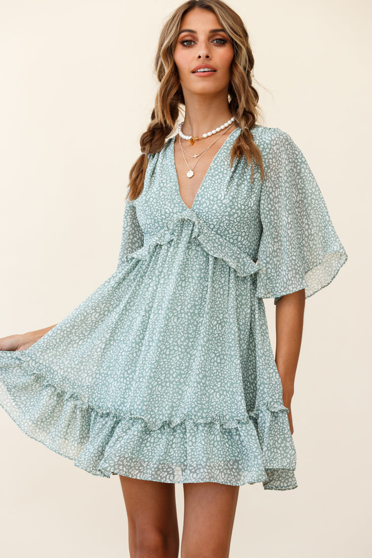 Flissy Angel Sleeve Cut-Out Babydoll Dress Speckle Print Olive by Selfie Leslie